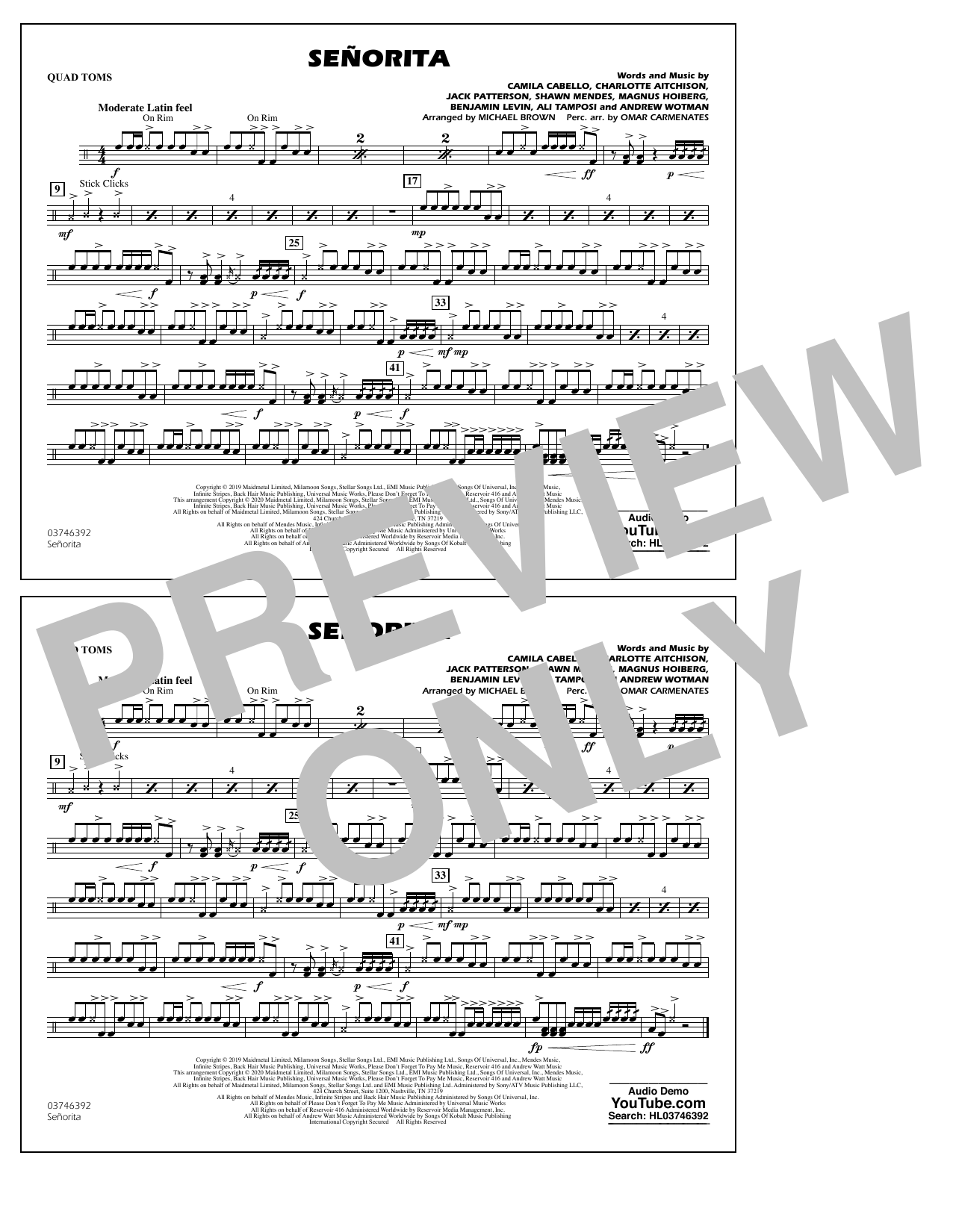 Shawn Mendes & Camila Cabello Señorita (arr. Carmenates and Brown) - Quad Toms Sheet Music Notes & Chords for Marching Band - Download or Print PDF