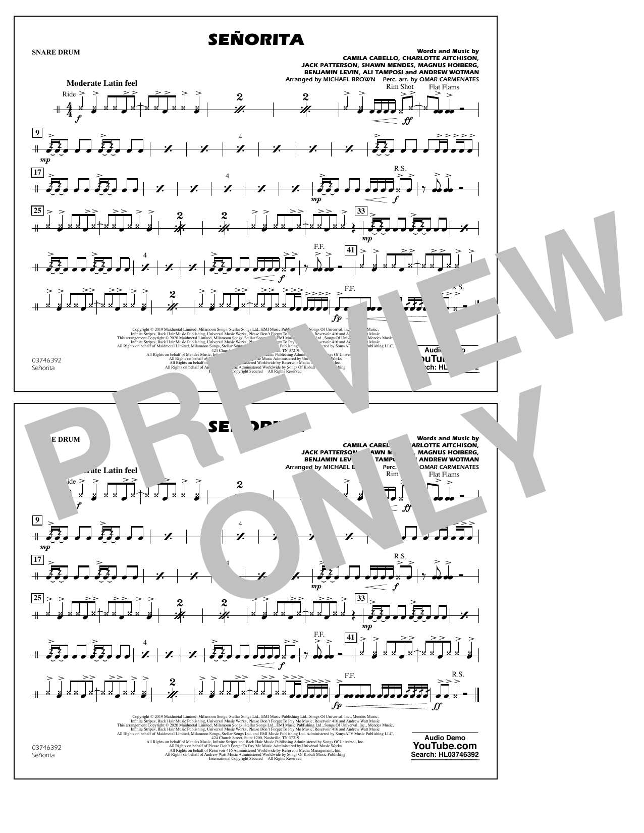Shawn Mendes & Camila Cabello Señorita (arr. Carmenates and Brown) - Snare Drum Sheet Music Notes & Chords for Marching Band - Download or Print PDF