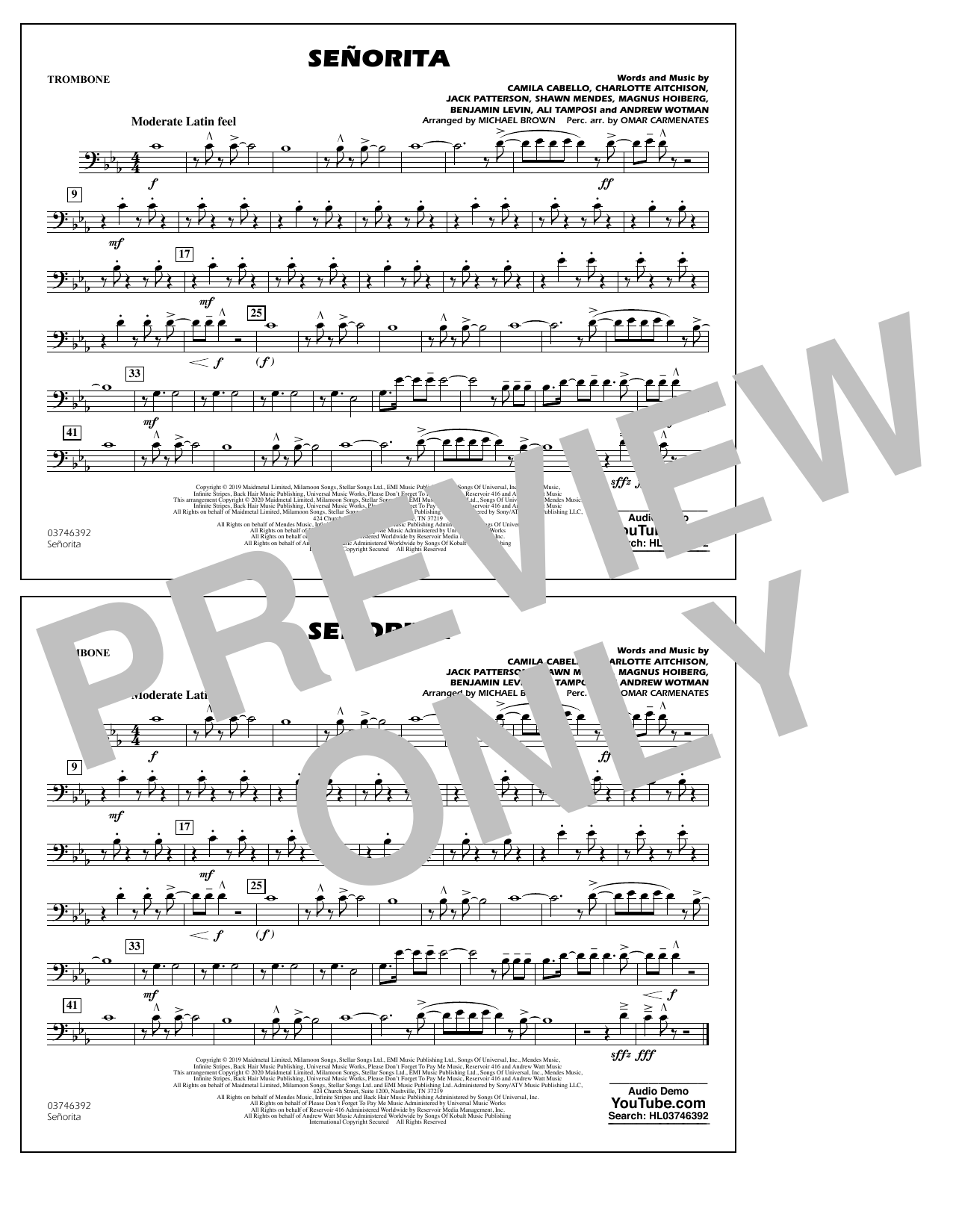 Shawn Mendes & Camila Cabello Señorita (arr. Carmenates and Brown) - Trombone Sheet Music Notes & Chords for Marching Band - Download or Print PDF