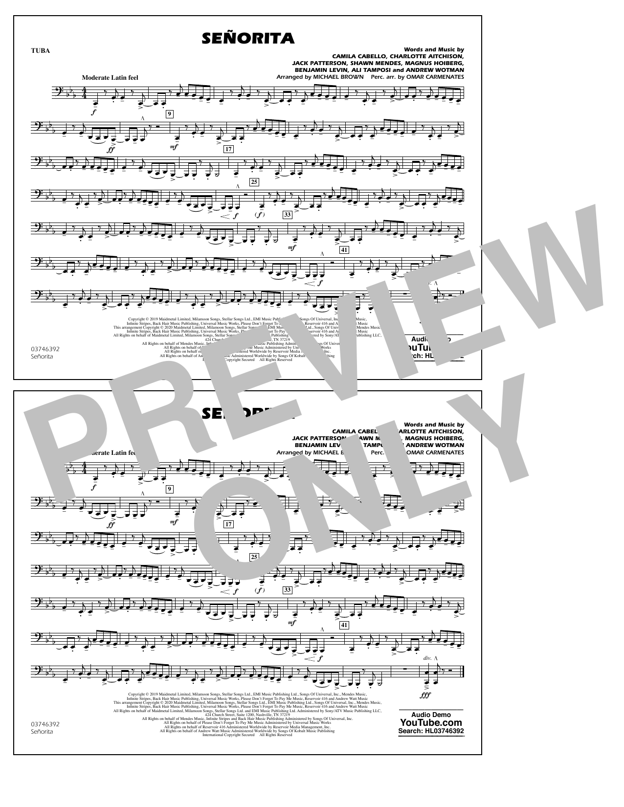 Shawn Mendes & Camila Cabello Señorita (arr. Carmenates and Brown) - Tuba Sheet Music Notes & Chords for Marching Band - Download or Print PDF
