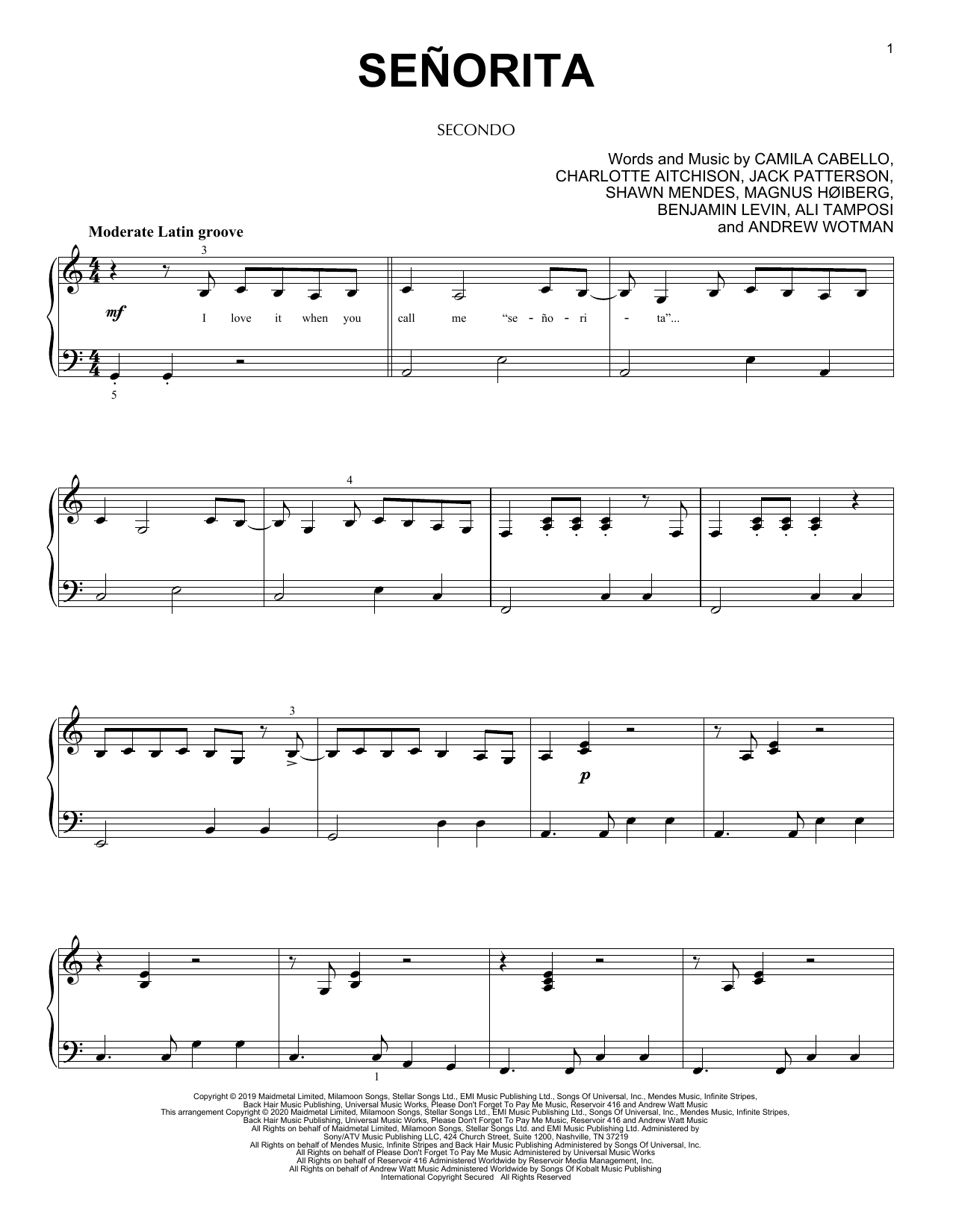 Shawn Mendes & Camila Cabello Señorita (arr. David Pearl) Sheet Music Notes & Chords for Piano Duet - Download or Print PDF