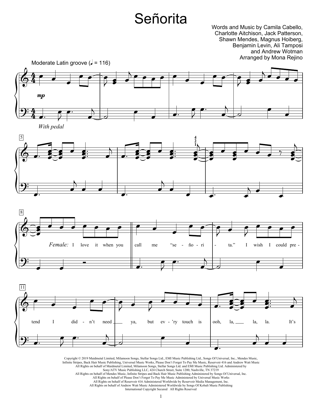 Shawn Mendes & Camila Cabello Señorita (arr. Mona Rejino) Sheet Music Notes & Chords for Educational Piano - Download or Print PDF