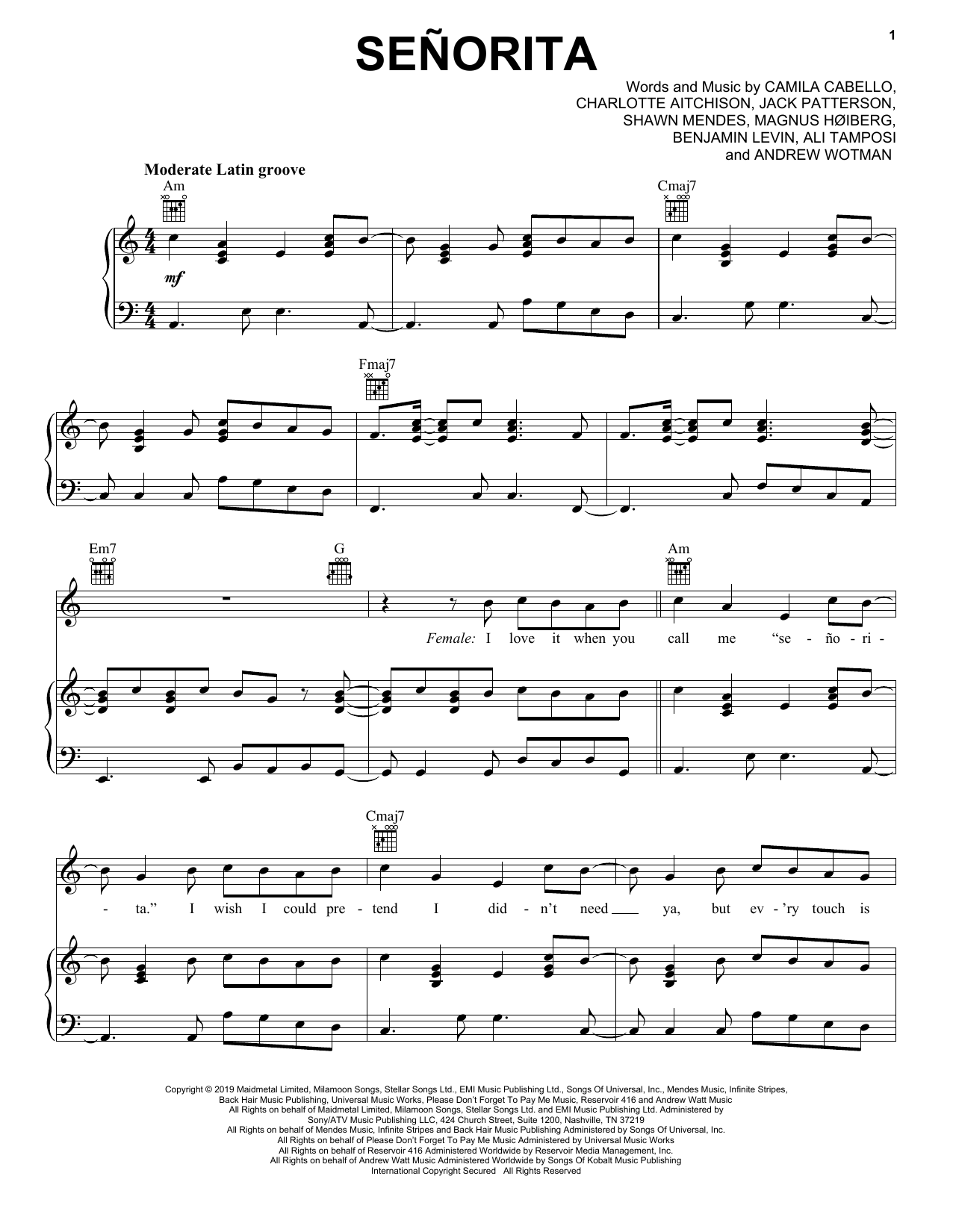 Shawn Mendes & Camila Cabello Señorita Sheet Music Notes & Chords for Bass Guitar Tab - Download or Print PDF