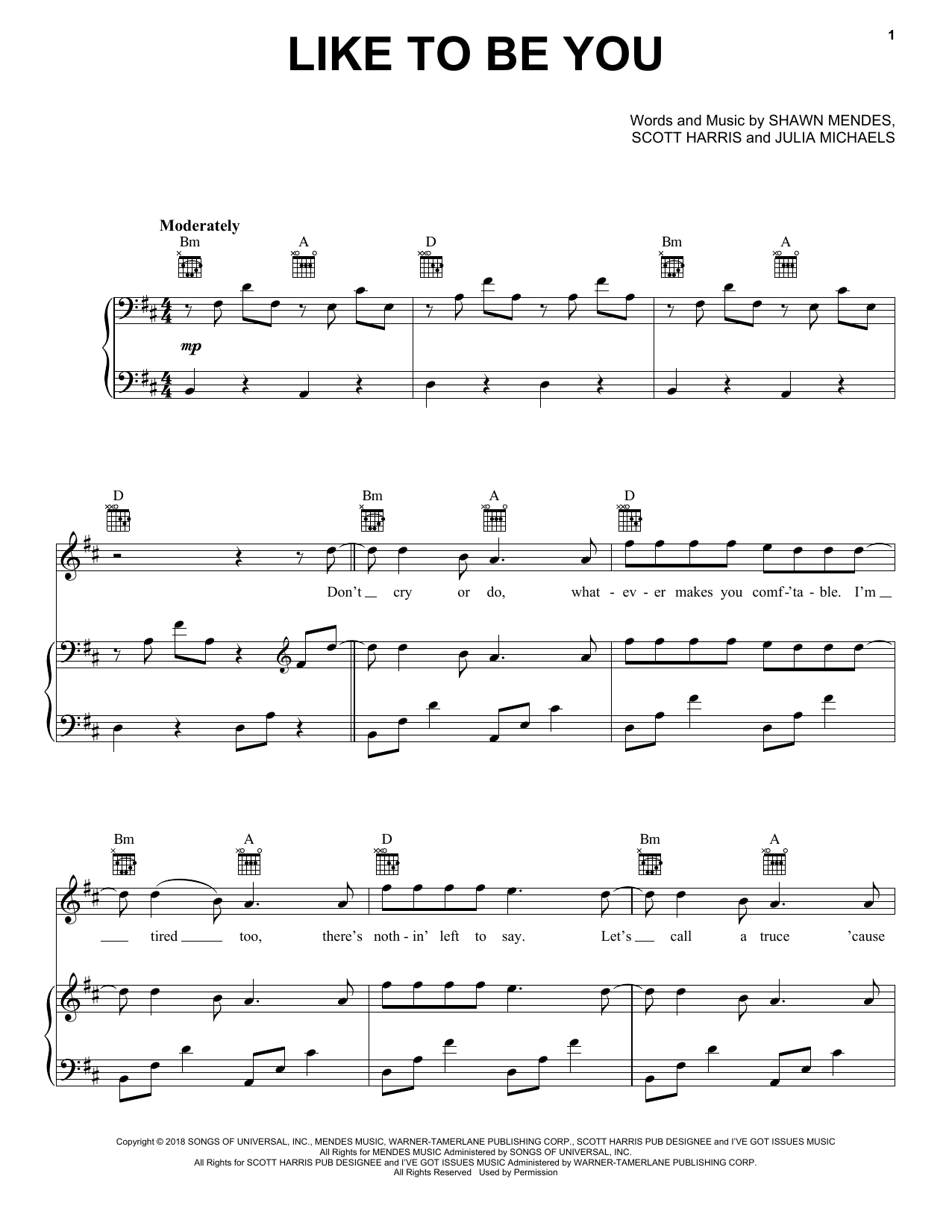 Shawn Mendes & Julia Michaels Like To Be You Sheet Music Notes & Chords for Piano, Vocal & Guitar (Right-Hand Melody) - Download or Print PDF