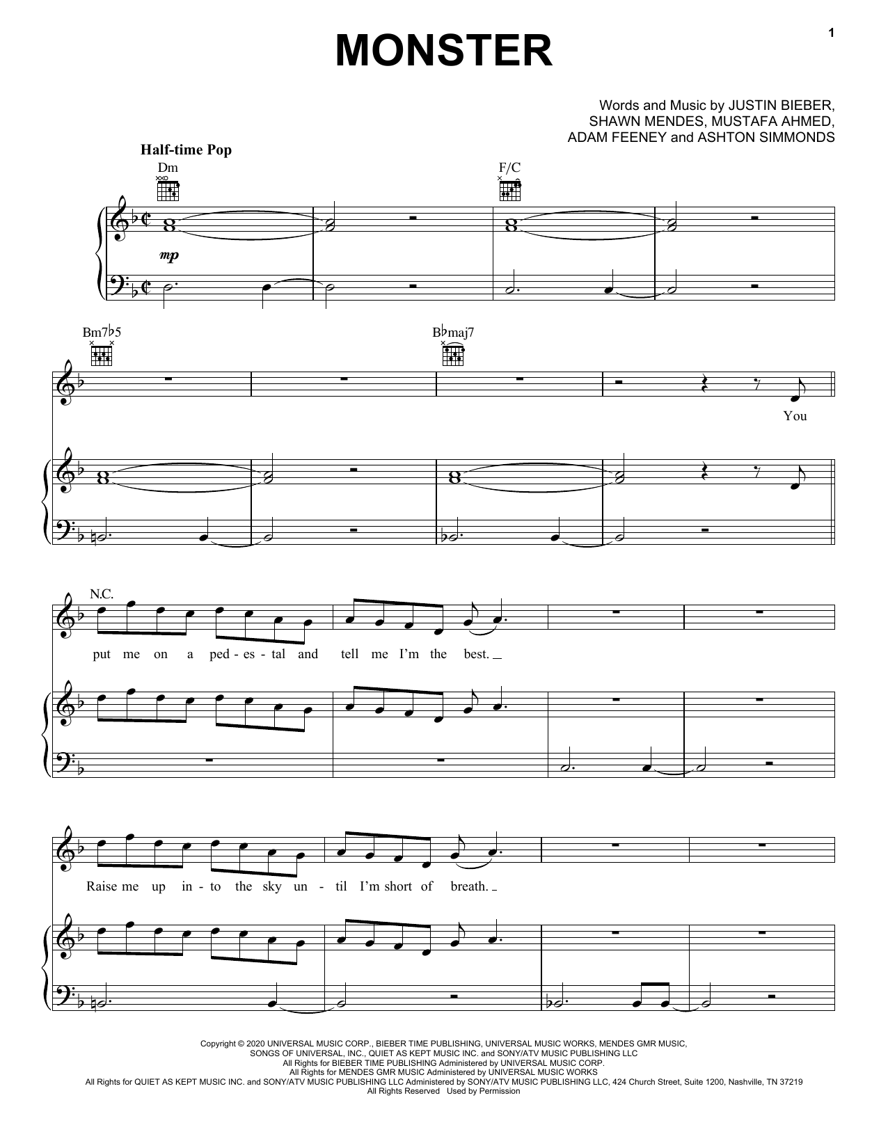Shawn Mendes & Justin Bieber Monster Sheet Music Notes & Chords for Piano, Vocal & Guitar (Right-Hand Melody) - Download or Print PDF