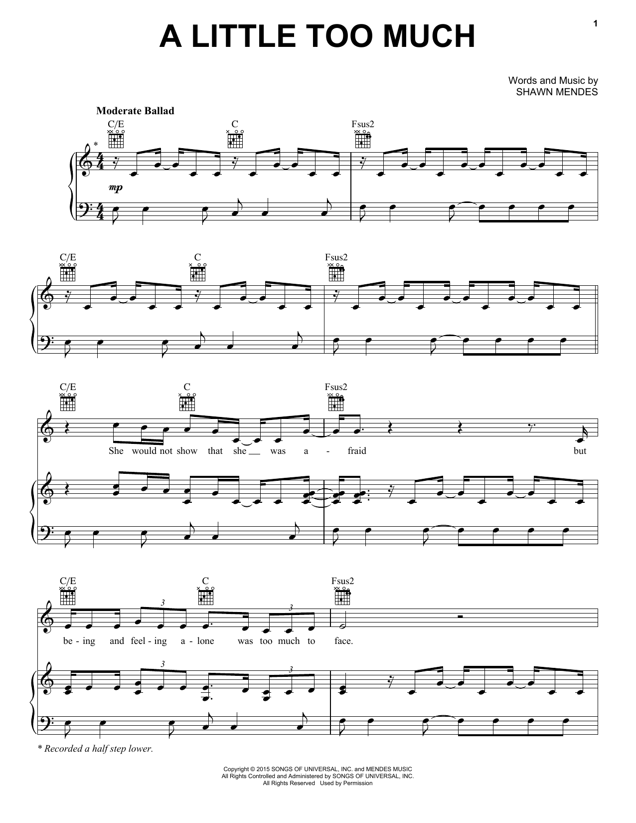 Shawn Mendes A Little Too Much Sheet Music Notes & Chords for Piano, Vocal & Guitar (Right-Hand Melody) - Download or Print PDF