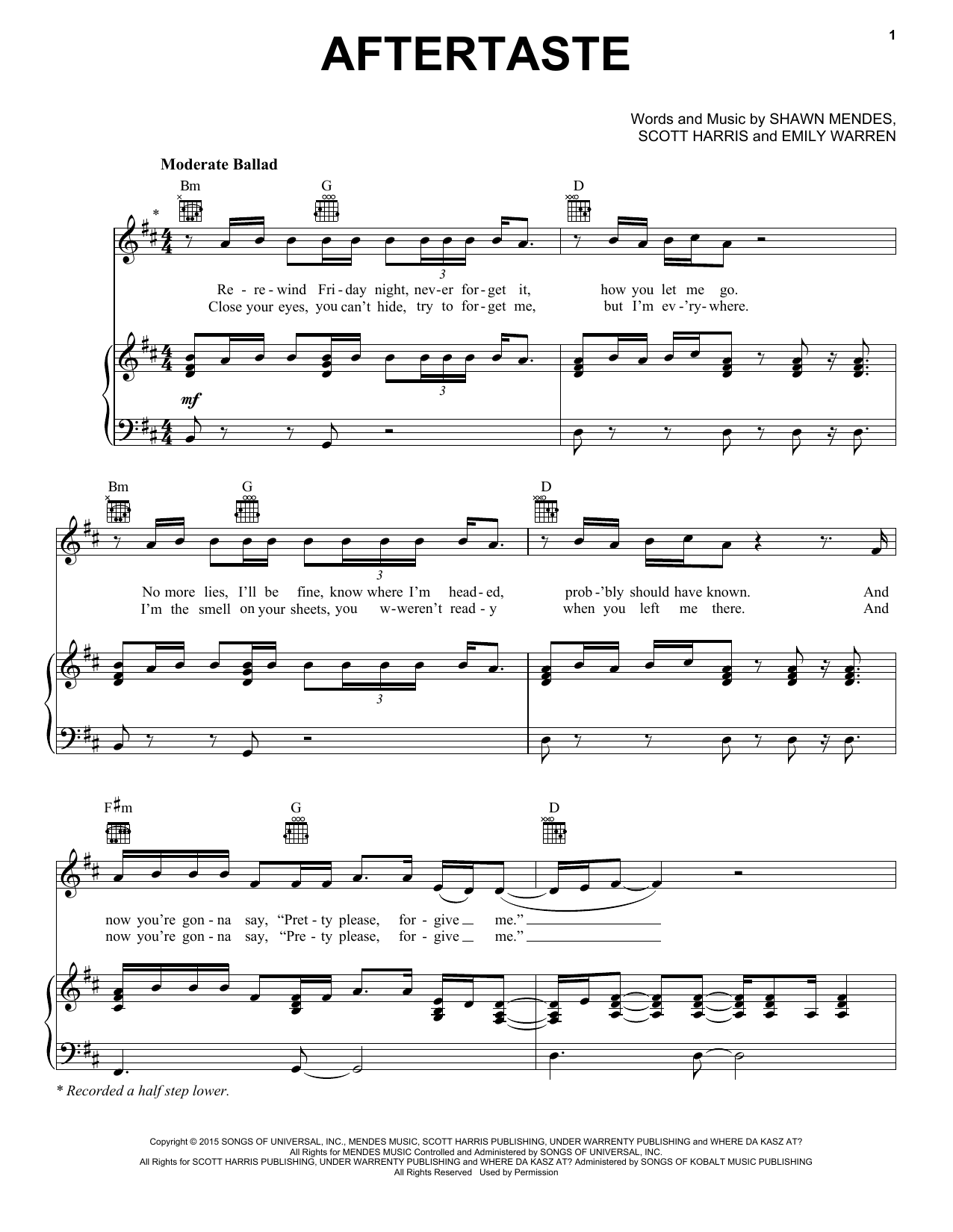 Shawn Mendes Aftertaste Sheet Music Notes & Chords for Piano, Vocal & Guitar (Right-Hand Melody) - Download or Print PDF