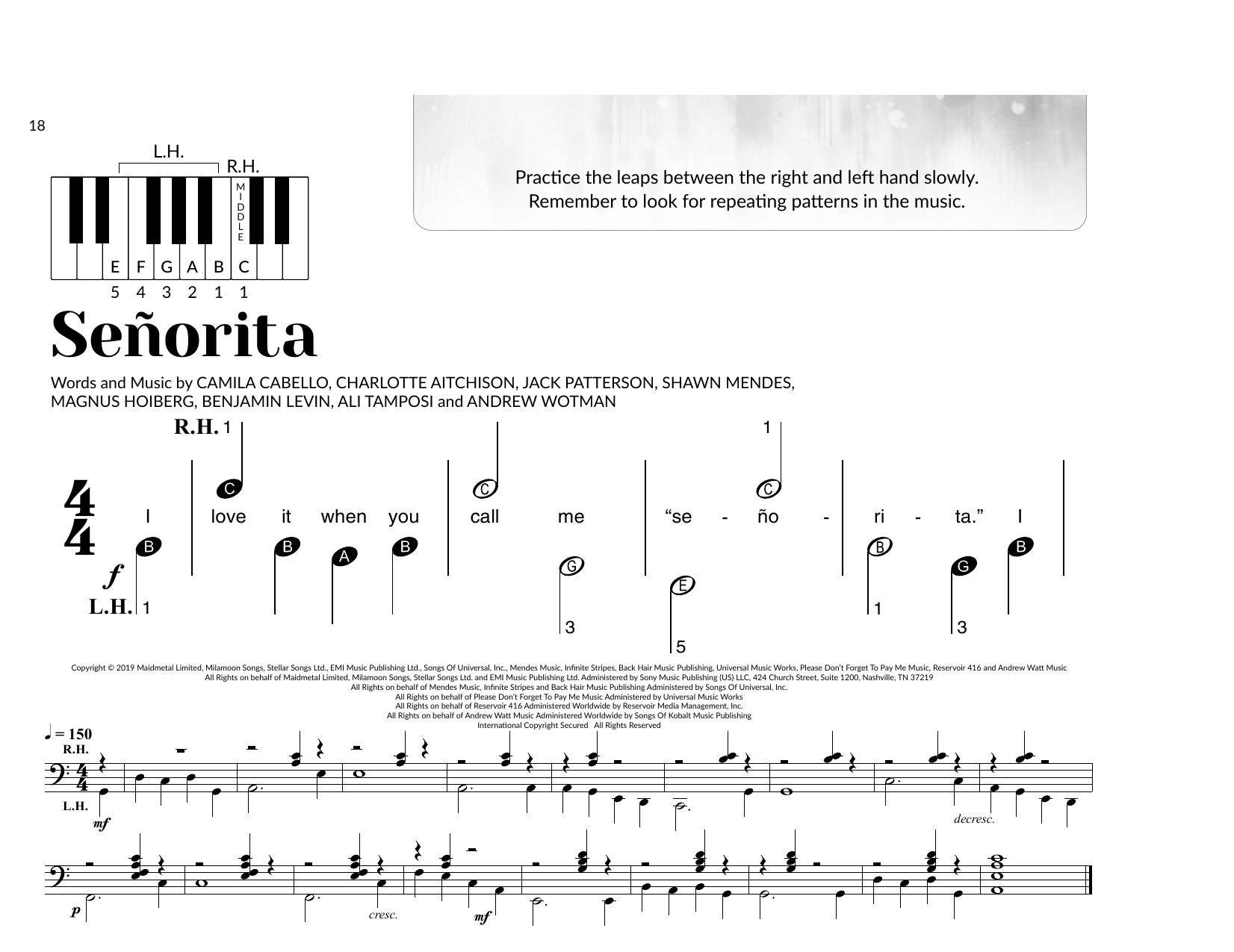 Shawn Mendes and Camila Cabello Señorita (arr. Brittany McCorriston) Sheet Music Notes & Chords for Very Beginner Piano - Download or Print PDF