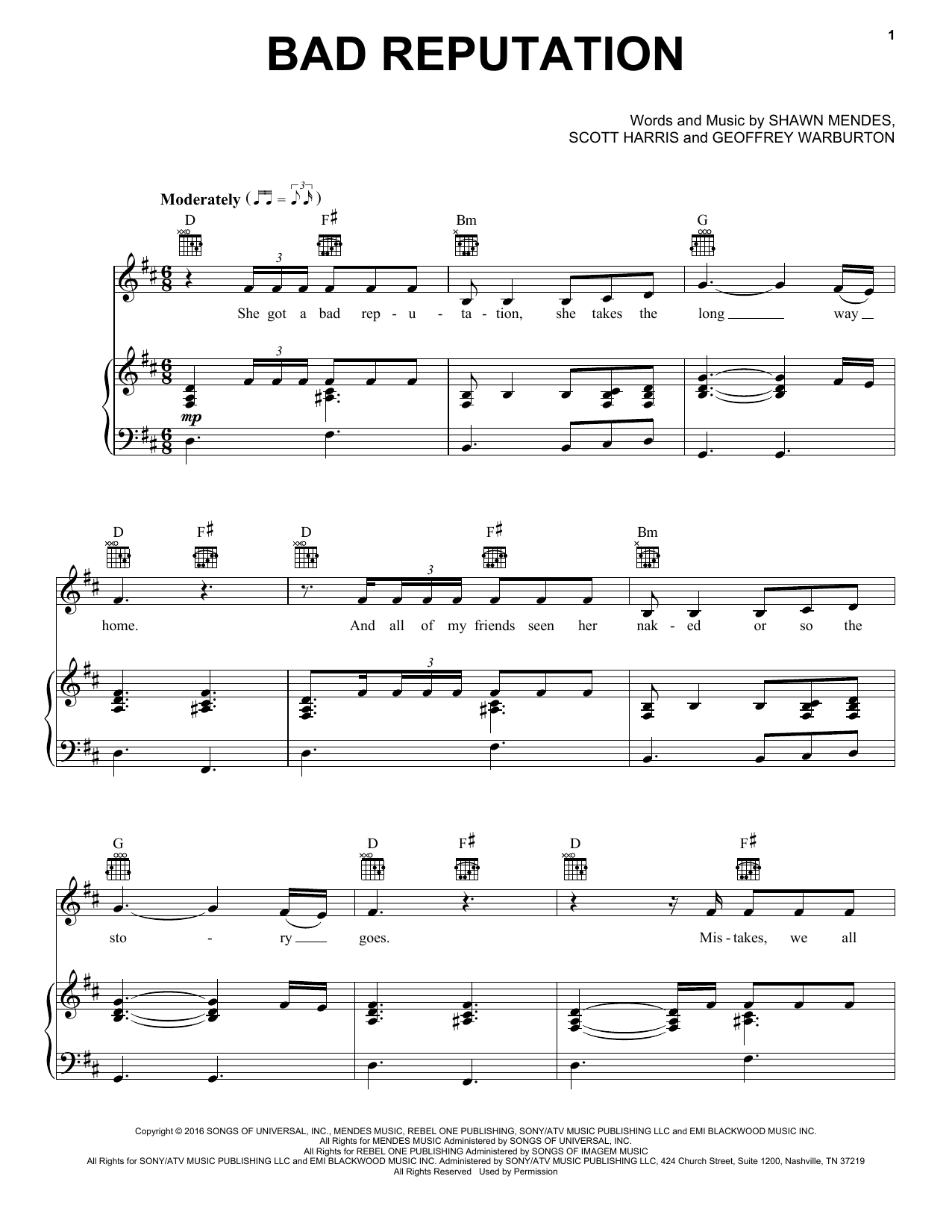 Shawn Mendes Bad Reputation Sheet Music Notes & Chords for Piano, Vocal & Guitar (Right-Hand Melody) - Download or Print PDF