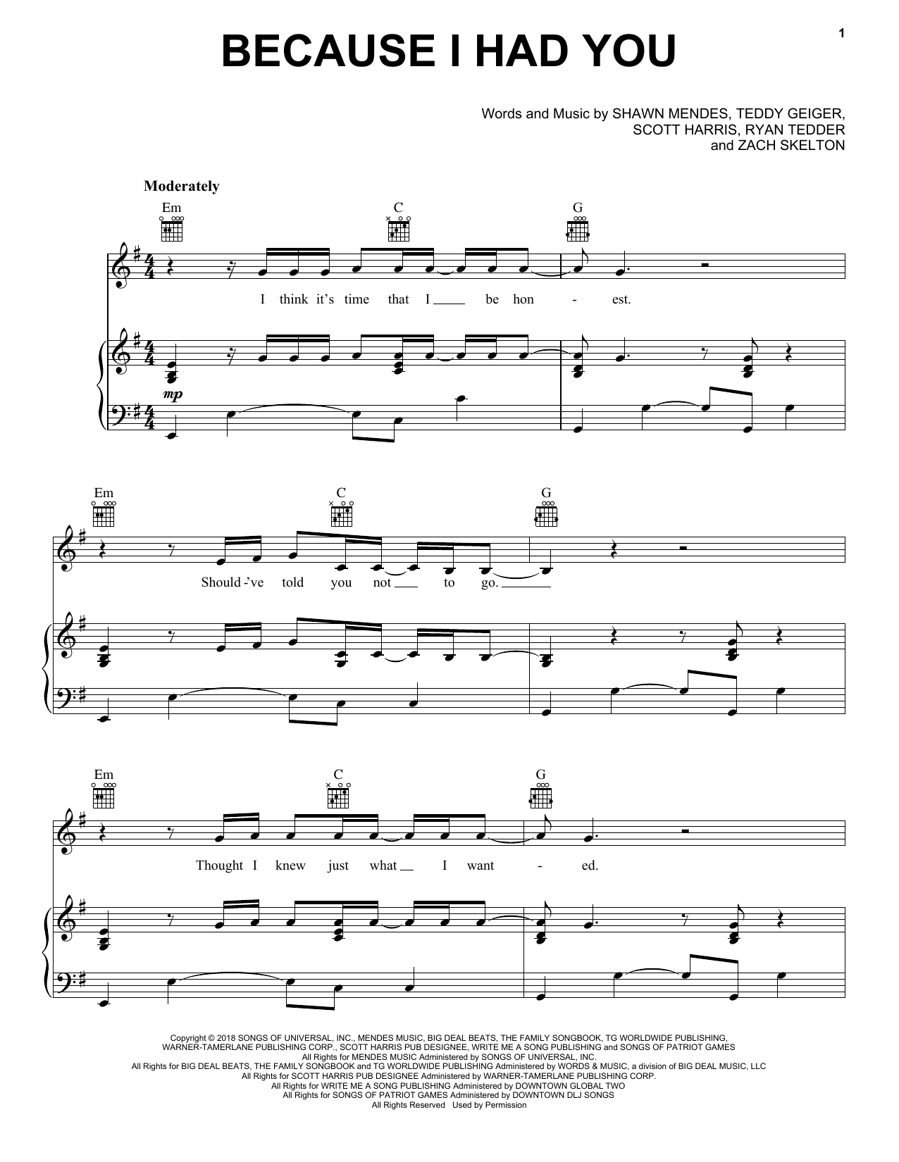 Shawn Mendes Because I Had You Sheet Music Notes & Chords for Piano, Vocal & Guitar (Right-Hand Melody) - Download or Print PDF