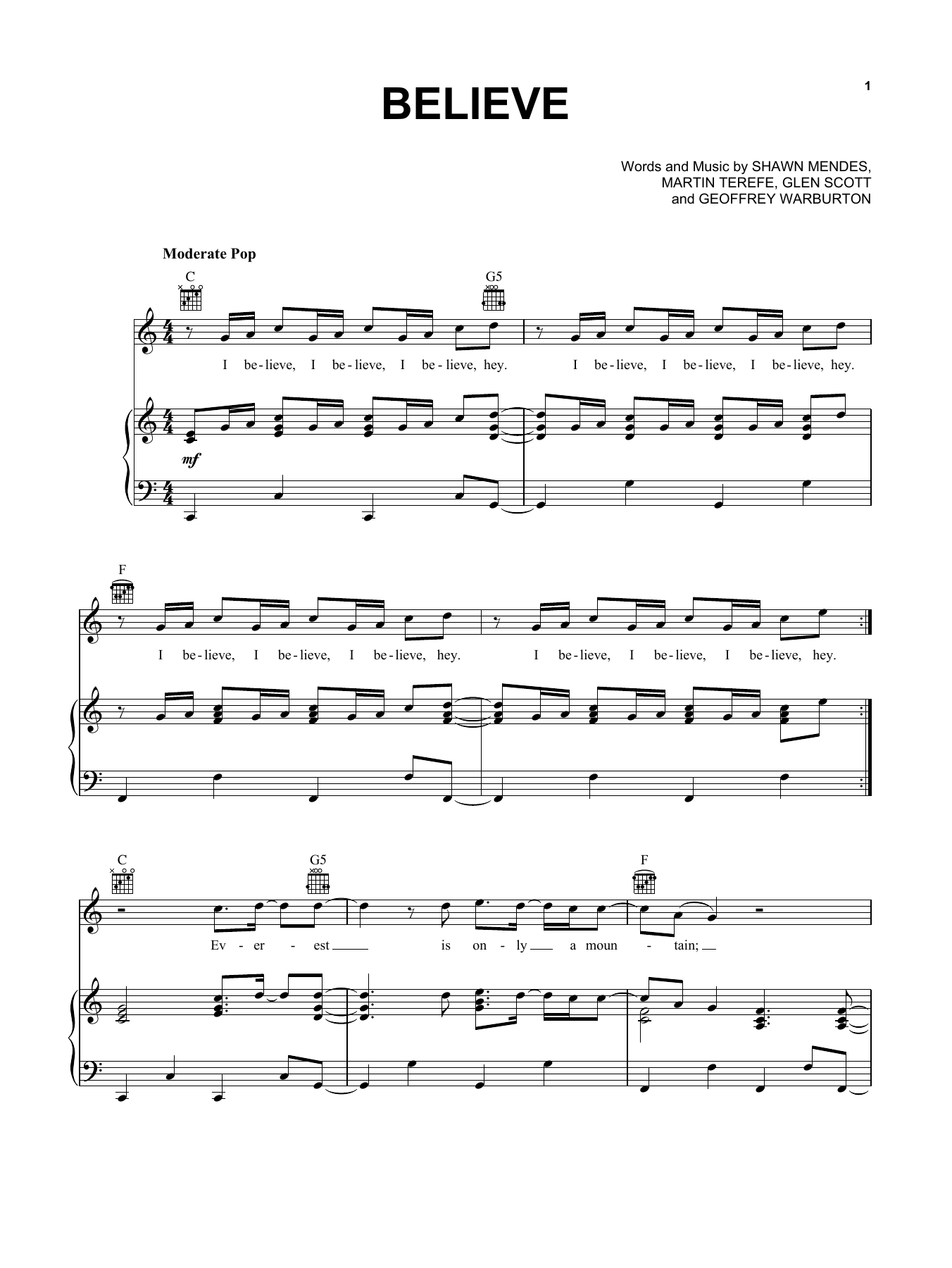 Shawn Mendes Believe (from Disney's Descendants) Sheet Music Notes & Chords for Piano, Vocal & Guitar (Right-Hand Melody) - Download or Print PDF