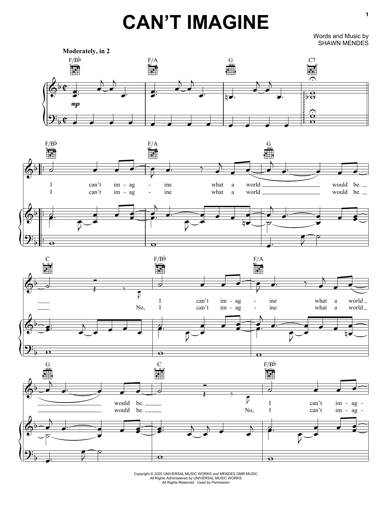 Shawn Mendes Can't Imagine Sheet Music Notes & Chords for Piano, Vocal & Guitar (Right-Hand Melody) - Download or Print PDF