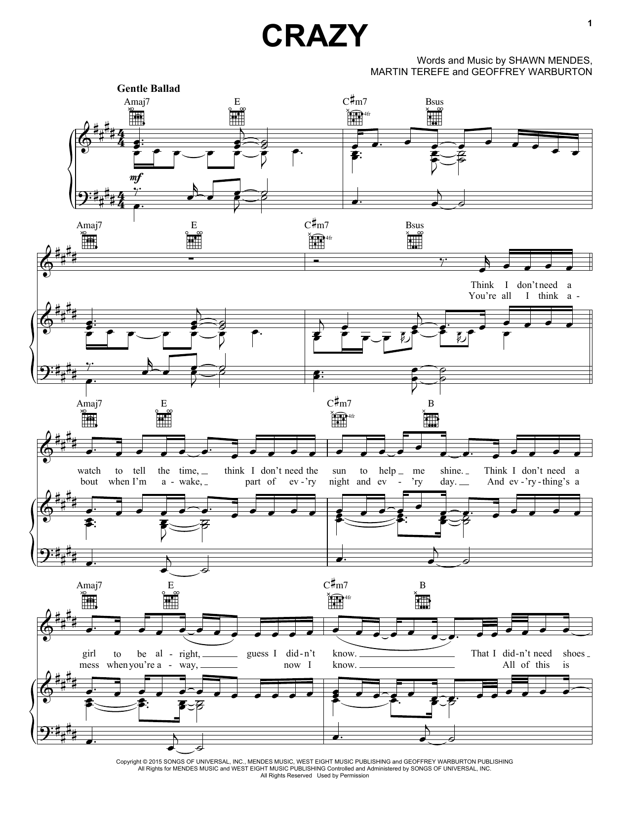 Shawn Mendes Crazy Sheet Music Notes & Chords for Piano, Vocal & Guitar (Right-Hand Melody) - Download or Print PDF