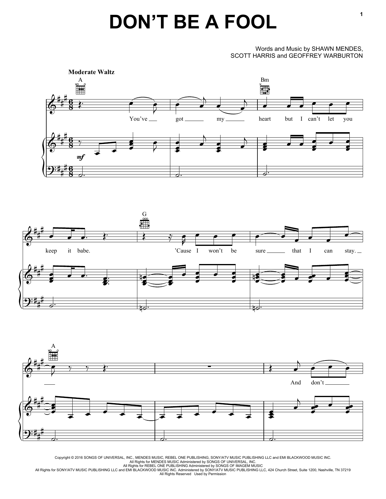 Shawn Mendes Don't Be A Fool Sheet Music Notes & Chords for Piano, Vocal & Guitar (Right-Hand Melody) - Download or Print PDF