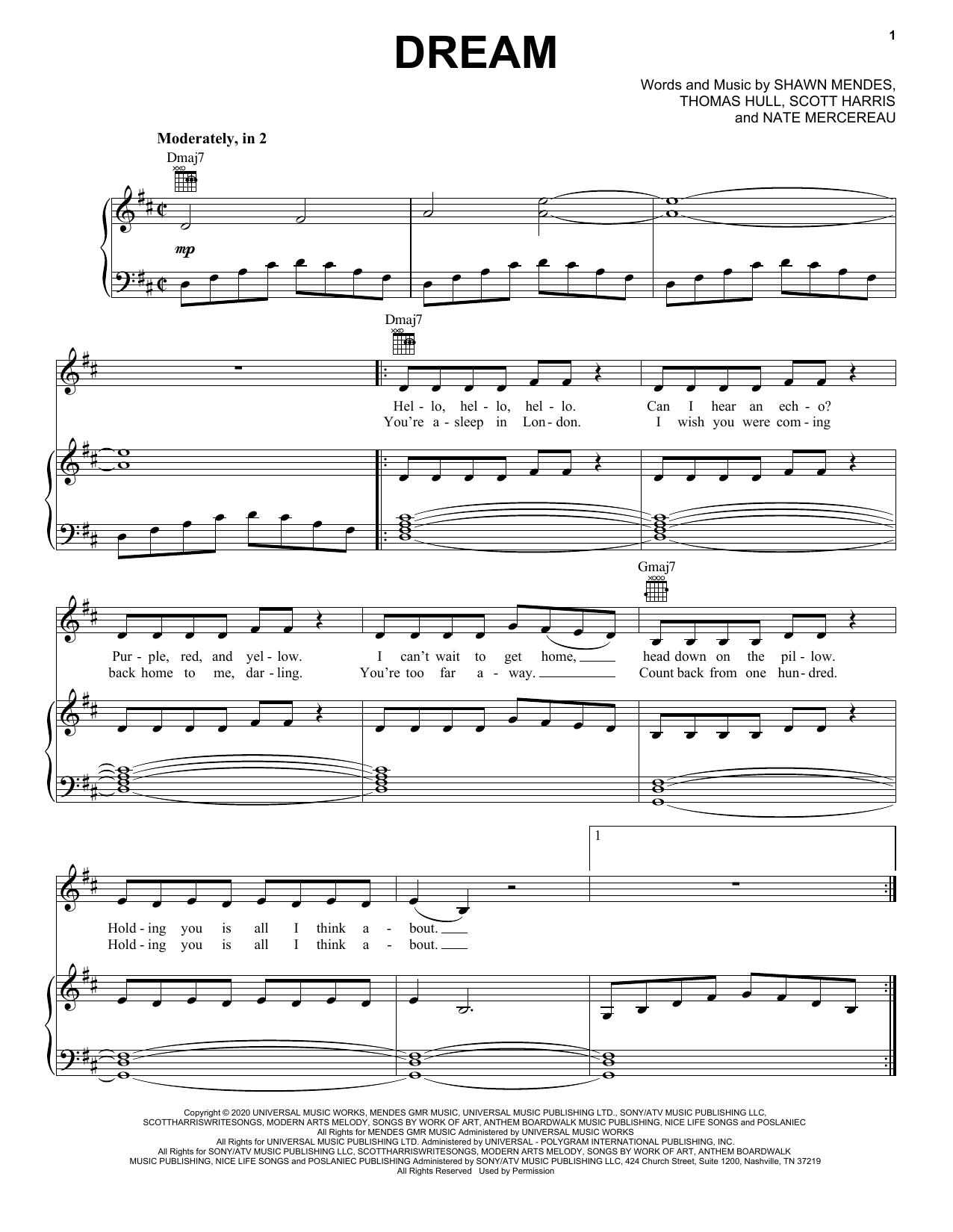 Shawn Mendes Dream Sheet Music Notes & Chords for Piano, Vocal & Guitar (Right-Hand Melody) - Download or Print PDF