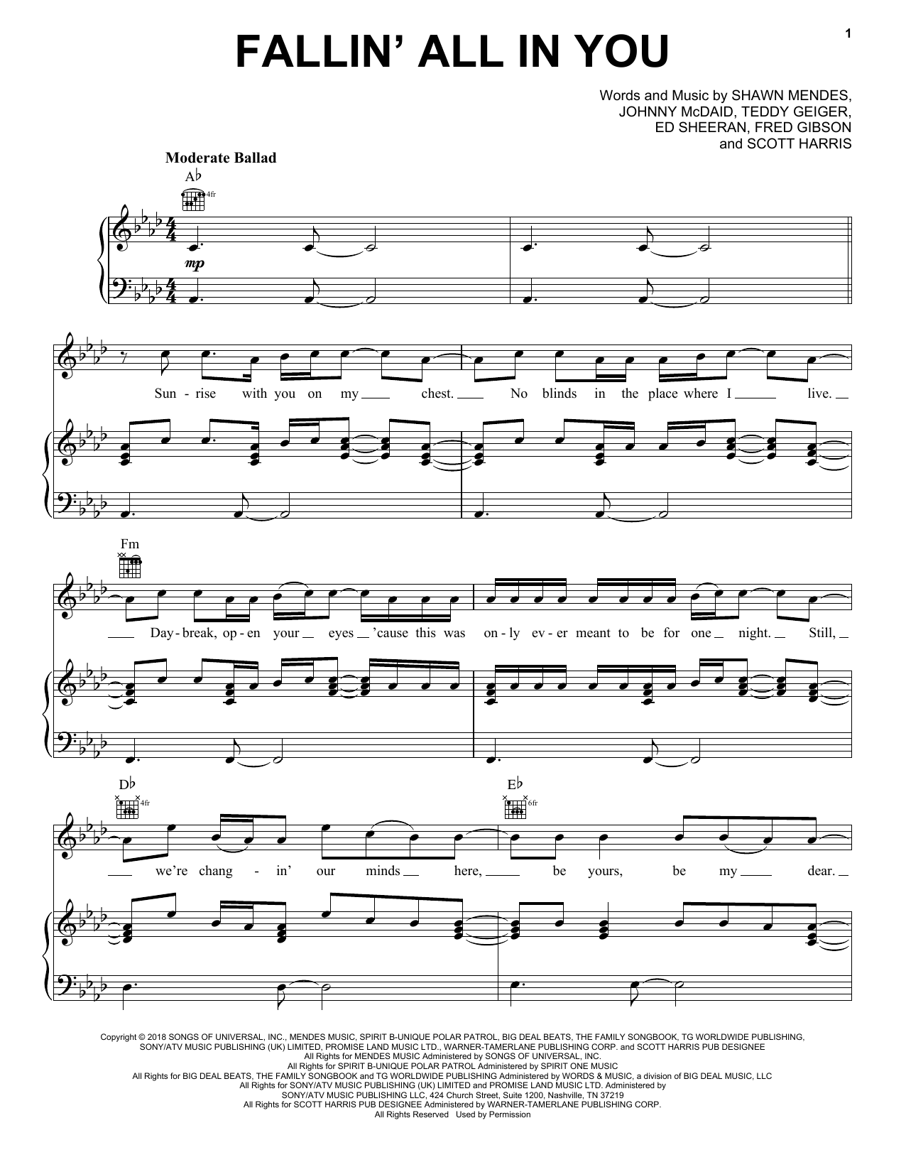 Shawn Mendes Fallin' All In You Sheet Music Notes & Chords for Piano, Vocal & Guitar (Right-Hand Melody) - Download or Print PDF