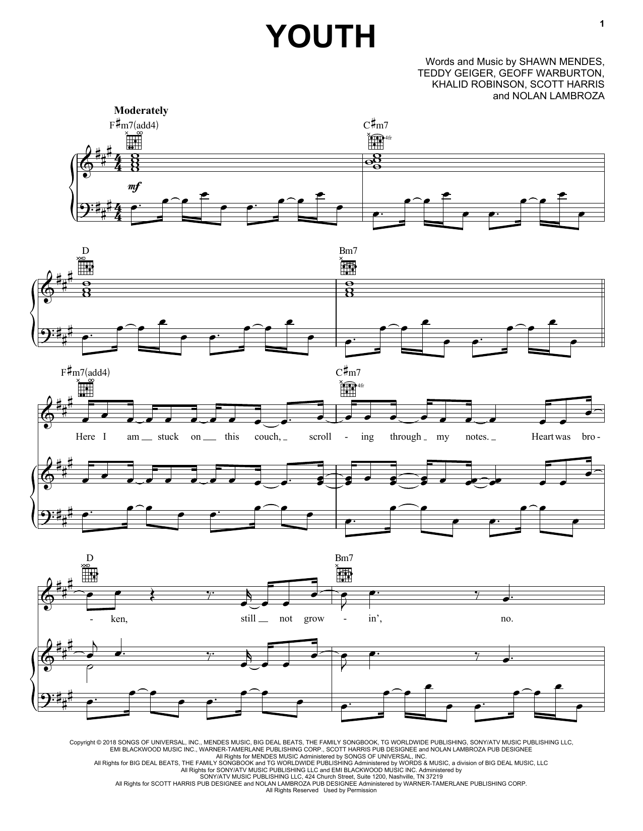 Shawn Mendes feat. Khalid Youth Sheet Music Notes & Chords for Piano, Vocal & Guitar (Right-Hand Melody) - Download or Print PDF