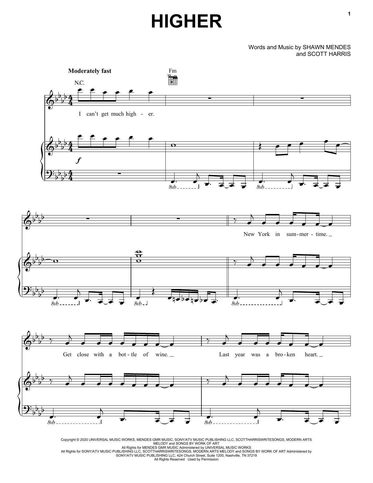 Shawn Mendes Higher Sheet Music Notes & Chords for Piano, Vocal & Guitar (Right-Hand Melody) - Download or Print PDF