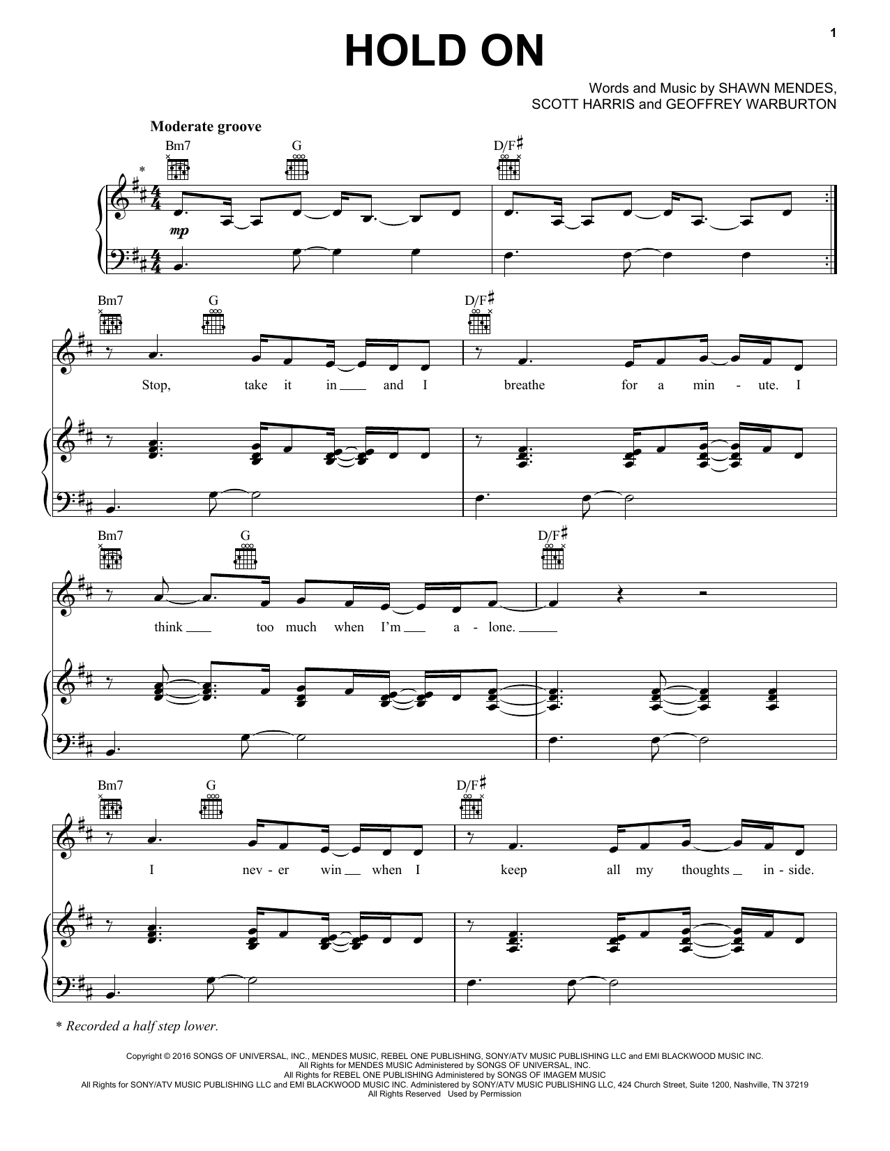 Shawn Mendes Hold On Sheet Music Notes & Chords for Piano, Vocal & Guitar (Right-Hand Melody) - Download or Print PDF