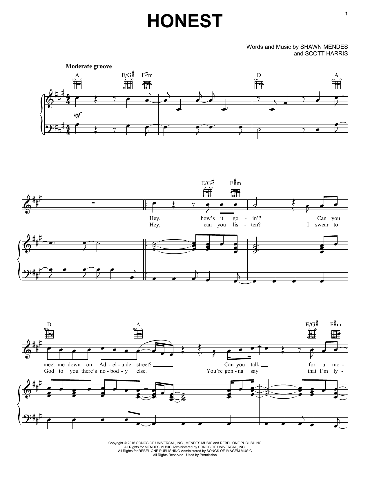 Shawn Mendes Honest Sheet Music Notes & Chords for Piano, Vocal & Guitar (Right-Hand Melody) - Download or Print PDF