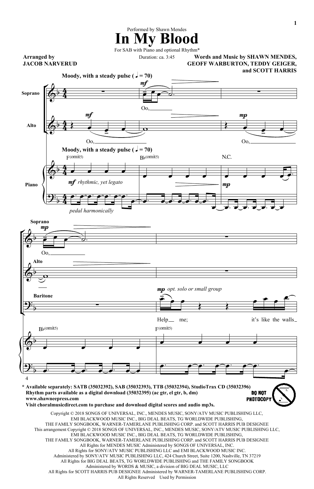 Shawn Mendes In My Blood (arr. Jacob Narverud) Sheet Music Notes & Chords for SATB - Download or Print PDF