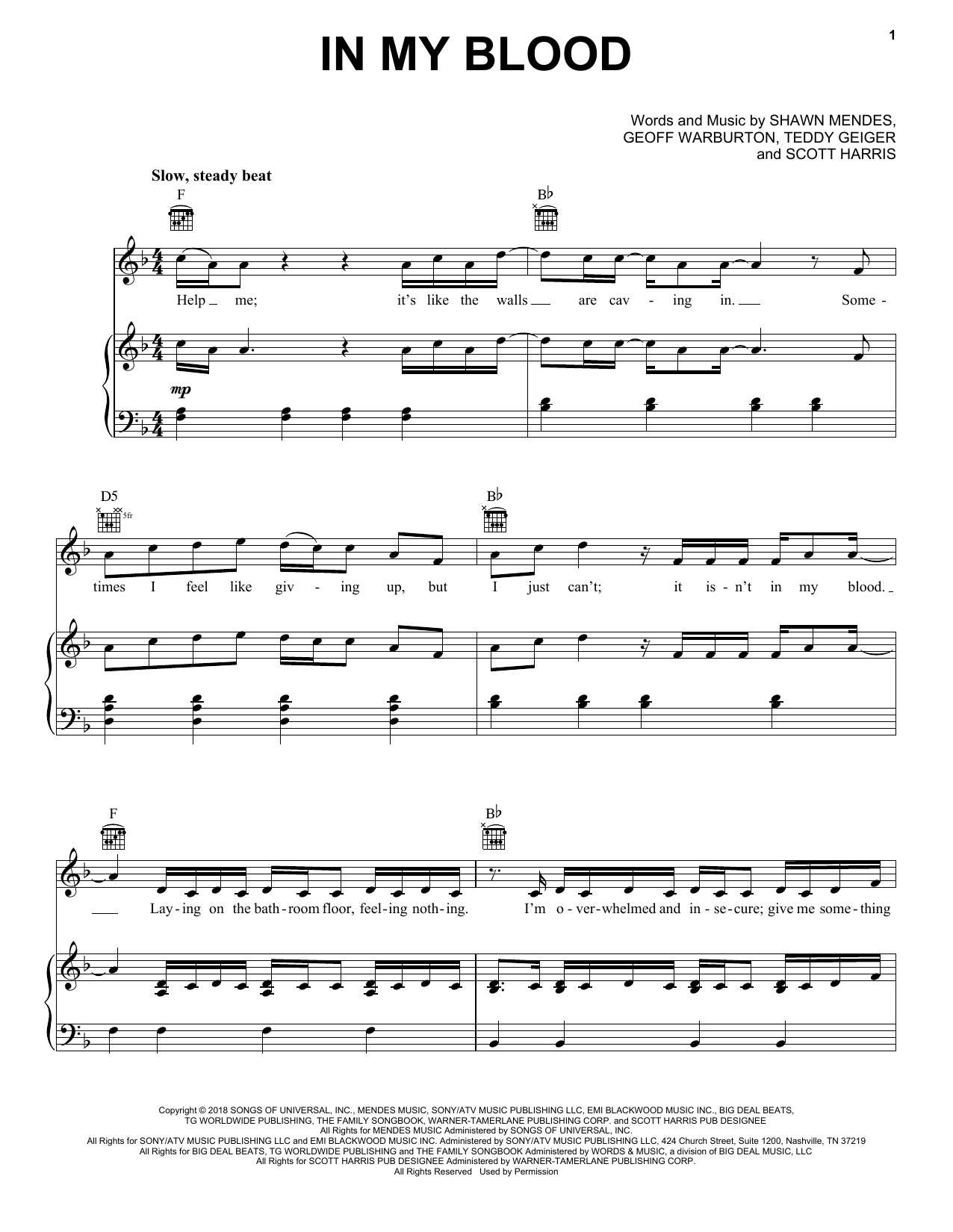 Shawn Mendes In My Blood Sheet Music Notes & Chords for Big Note Piano - Download or Print PDF