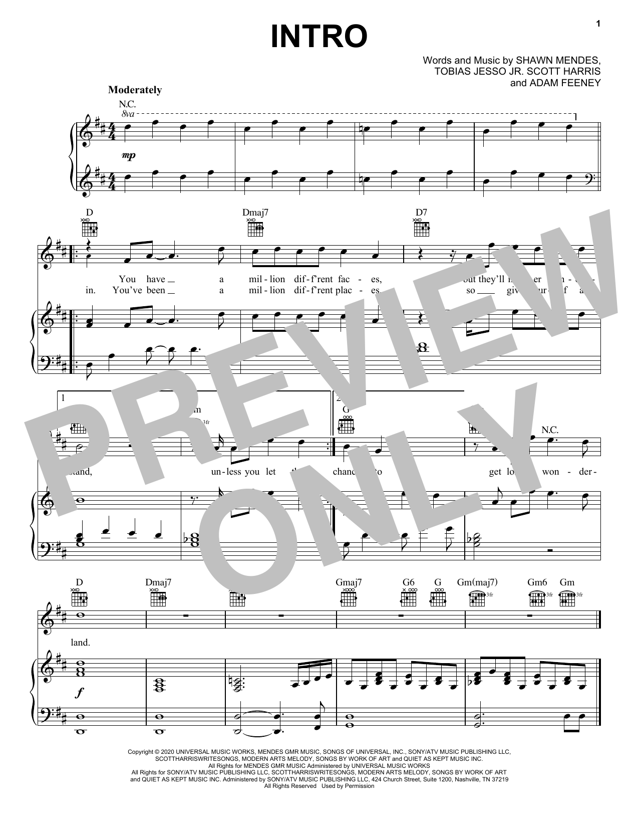 Shawn Mendes Intro Sheet Music Notes & Chords for Piano, Vocal & Guitar (Right-Hand Melody) - Download or Print PDF