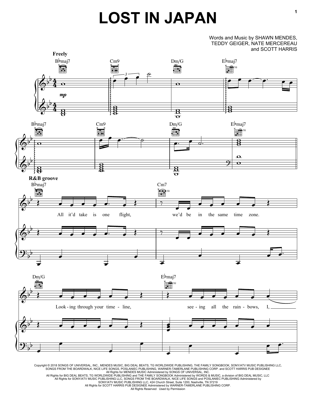 Shawn Mendes Lost In Japan Sheet Music Notes & Chords for Piano, Vocal & Guitar (Right-Hand Melody) - Download or Print PDF