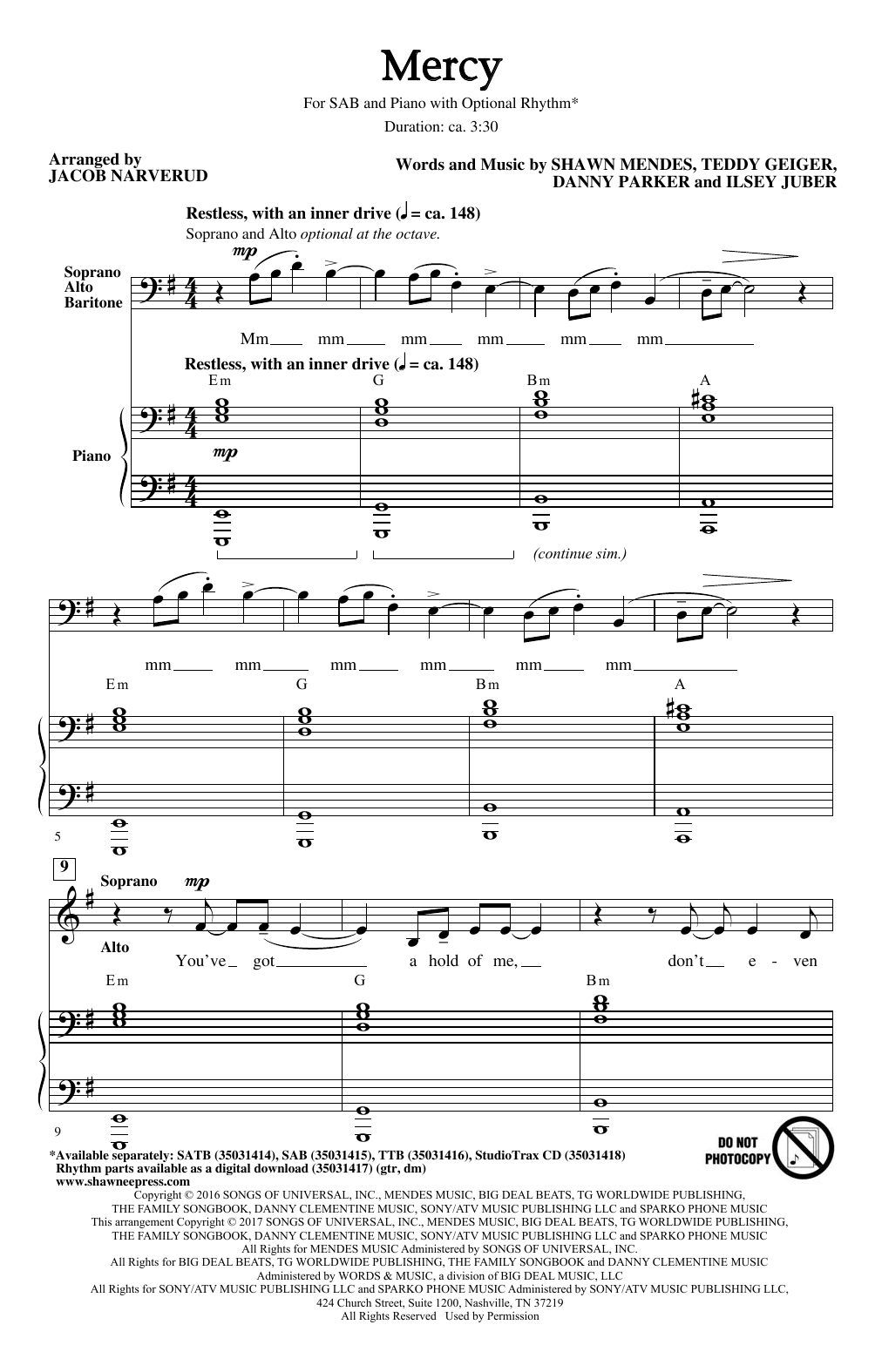 Shawn Mendes Mercy (arr. Jacob Narverud) Sheet Music Notes & Chords for SAB - Download or Print PDF