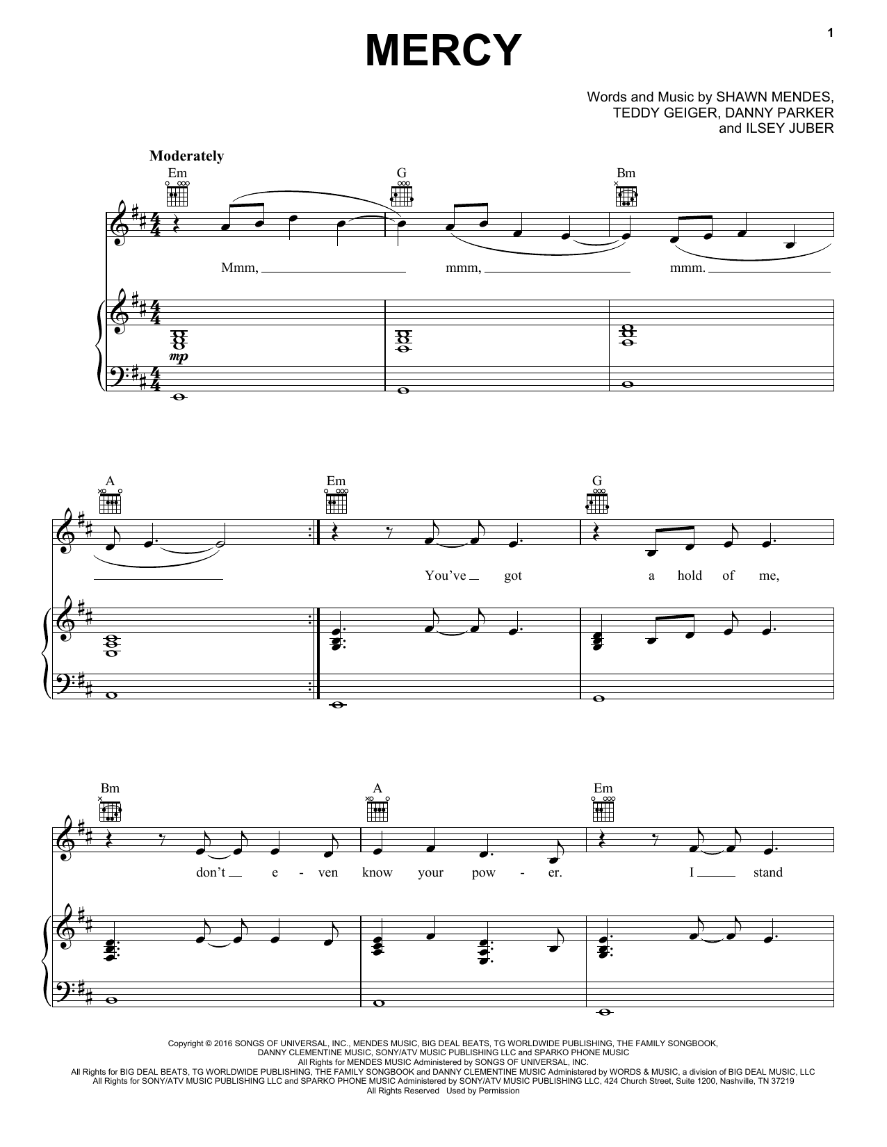 Shawn Mendes Mercy Sheet Music Notes & Chords for Piano, Vocal & Guitar (Right-Hand Melody) - Download or Print PDF
