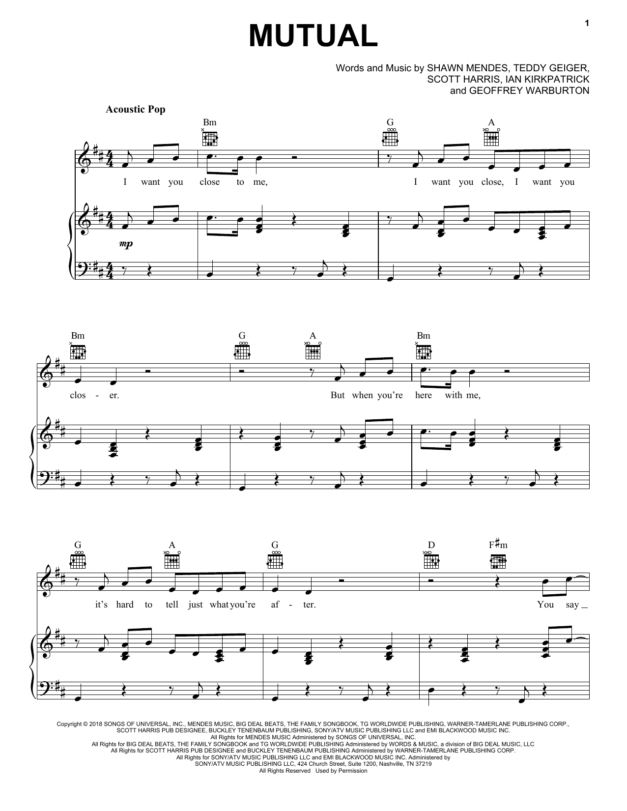 Shawn Mendes Mutual Sheet Music Notes & Chords for Piano, Vocal & Guitar (Right-Hand Melody) - Download or Print PDF