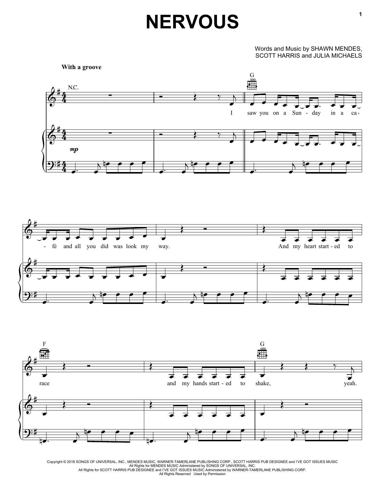 Shawn Mendes Nervous Sheet Music Notes & Chords for Piano, Vocal & Guitar (Right-Hand Melody) - Download or Print PDF