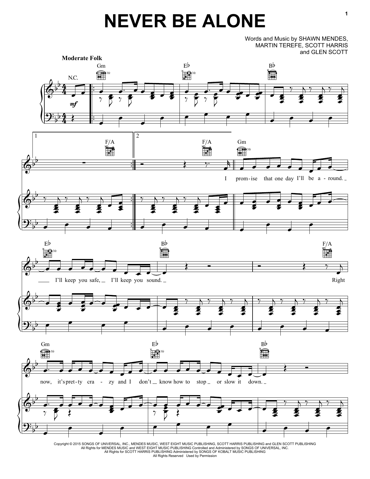 Shawn Mendes Never Be Alone Sheet Music Notes & Chords for Easy Piano - Download or Print PDF