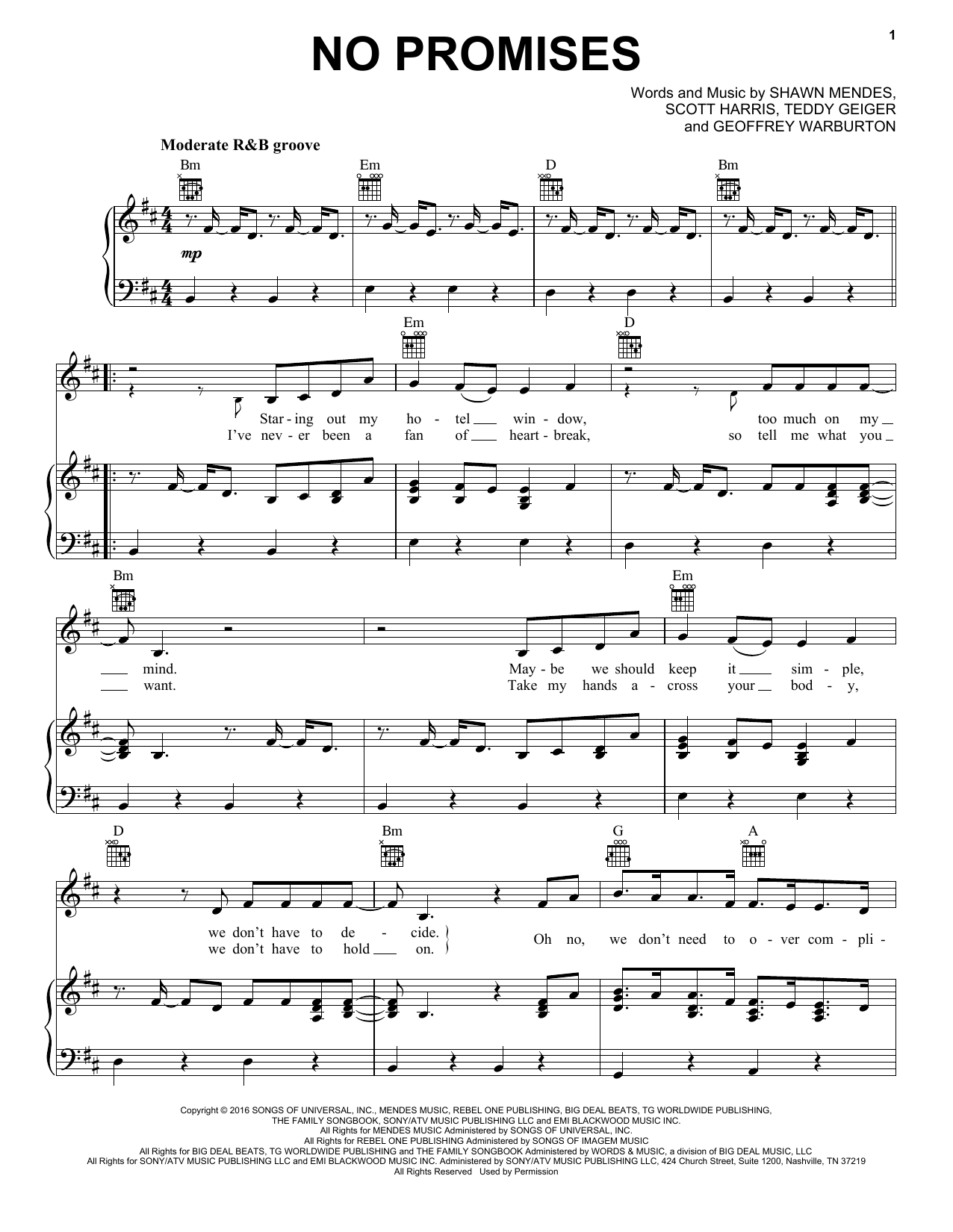 Shawn Mendes No Promises Sheet Music Notes & Chords for Piano, Vocal & Guitar (Right-Hand Melody) - Download or Print PDF