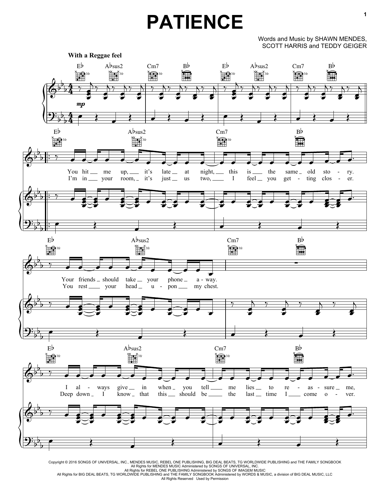 Shawn Mendes Patience Sheet Music Notes & Chords for Piano, Vocal & Guitar (Right-Hand Melody) - Download or Print PDF