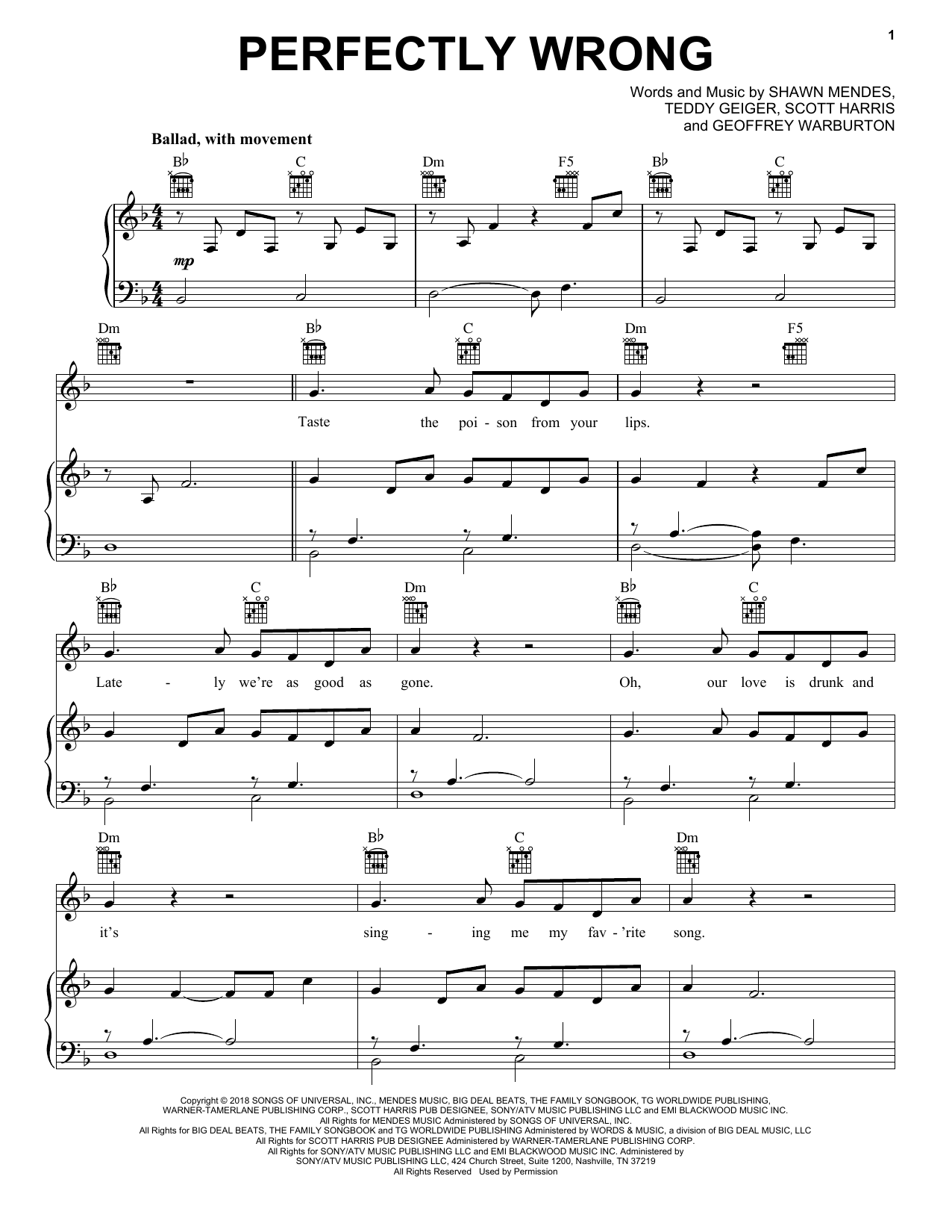 Shawn Mendes Perfectly Wrong Sheet Music Notes & Chords for Piano, Vocal & Guitar (Right-Hand Melody) - Download or Print PDF