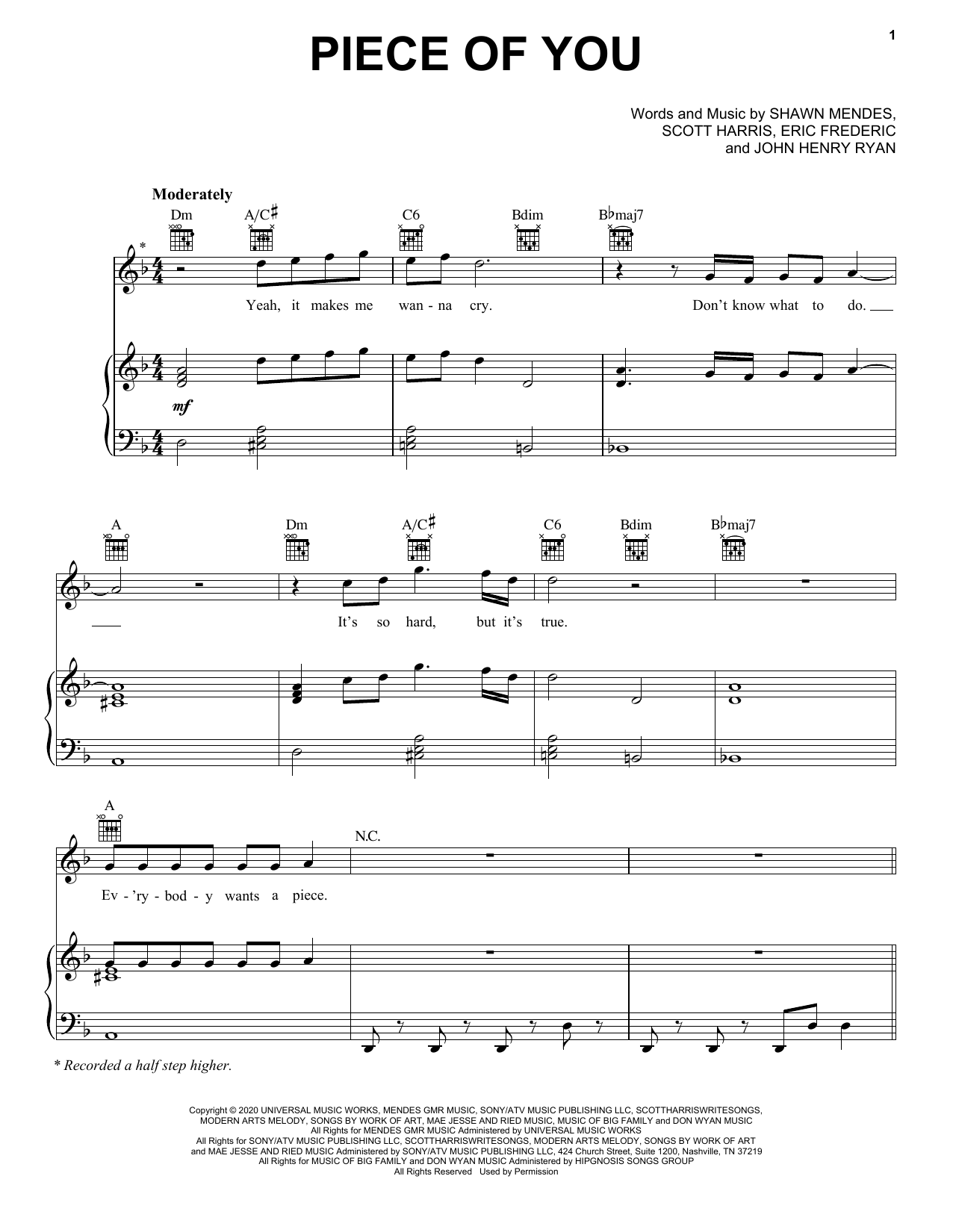 Shawn Mendes Piece Of You Sheet Music Notes & Chords for Piano, Vocal & Guitar (Right-Hand Melody) - Download or Print PDF