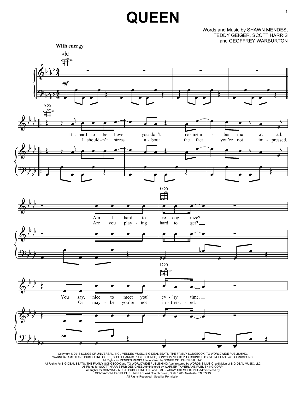 Shawn Mendes Queen Sheet Music Notes & Chords for Piano, Vocal & Guitar (Right-Hand Melody) - Download or Print PDF