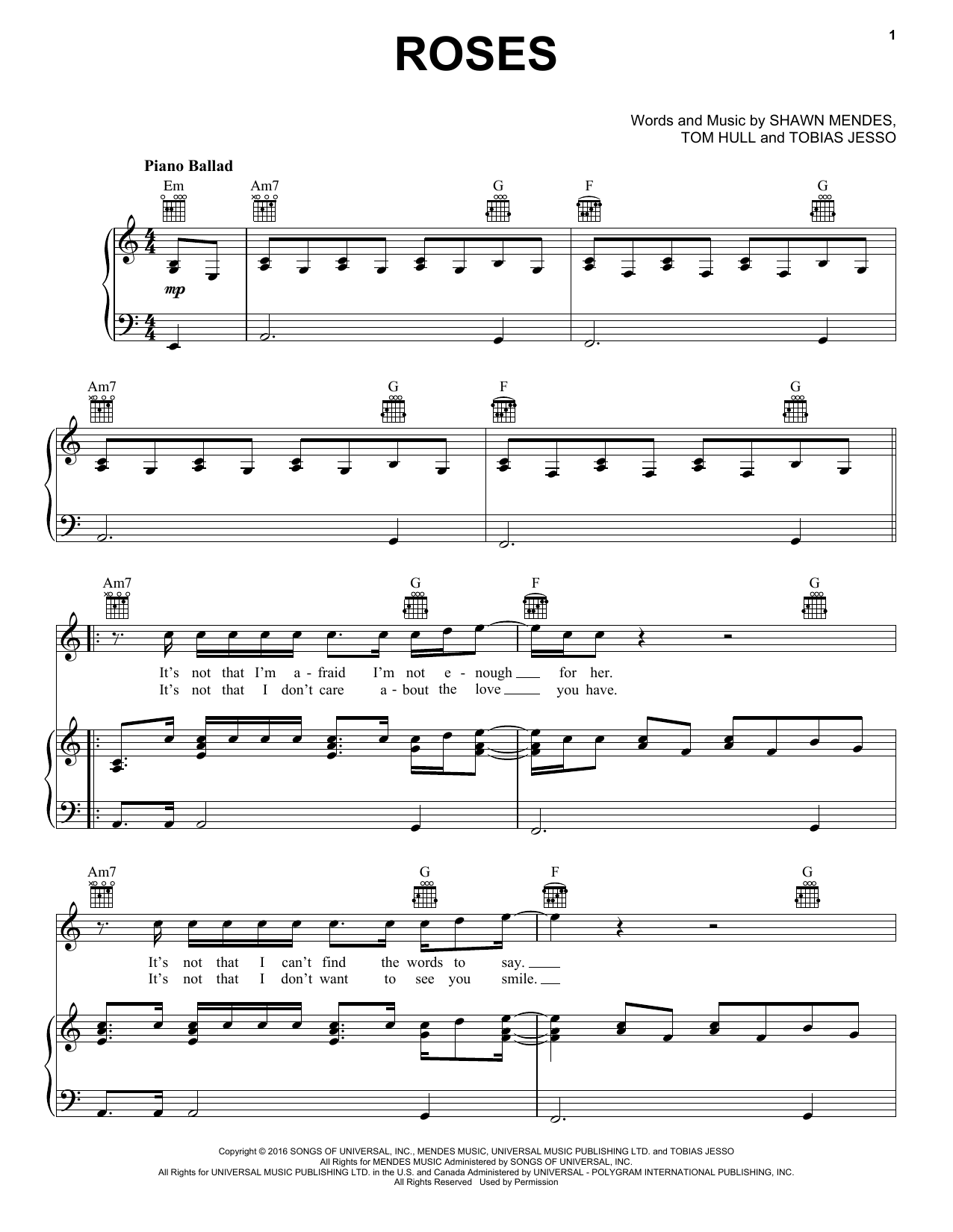 Shawn Mendes Roses Sheet Music Notes & Chords for Piano, Vocal & Guitar (Right-Hand Melody) - Download or Print PDF