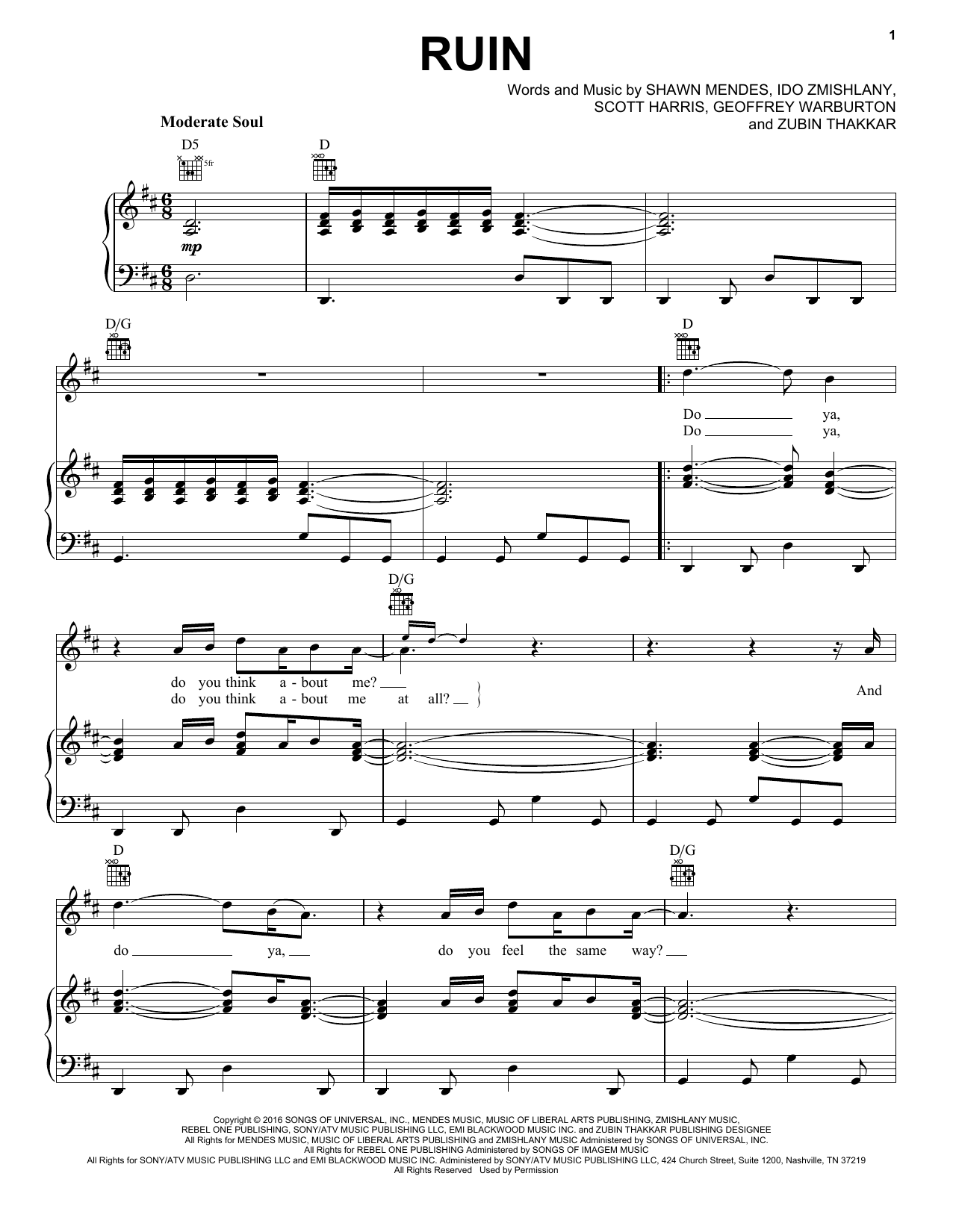 Shawn Mendes Ruin Sheet Music Notes & Chords for Piano, Vocal & Guitar (Right-Hand Melody) - Download or Print PDF