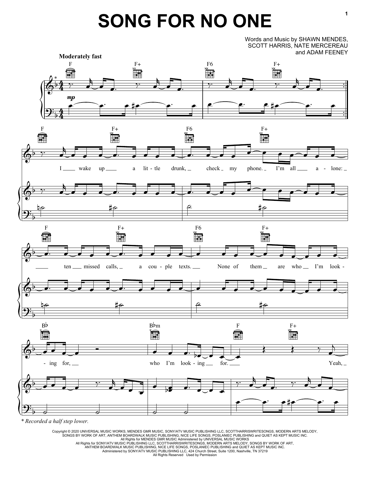 Shawn Mendes Song For No One Sheet Music Notes & Chords for Piano, Vocal & Guitar (Right-Hand Melody) - Download or Print PDF