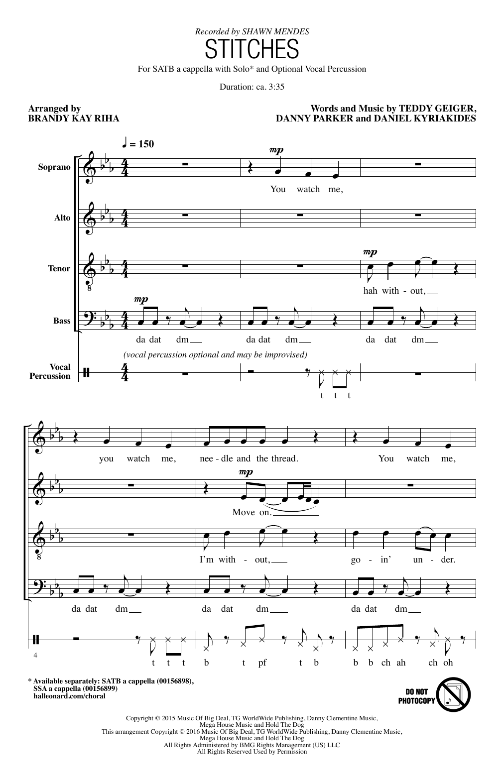Shawn Mendes Stitches (arr. Brandy Kay Riha) Sheet Music Notes & Chords for SSA - Download or Print PDF