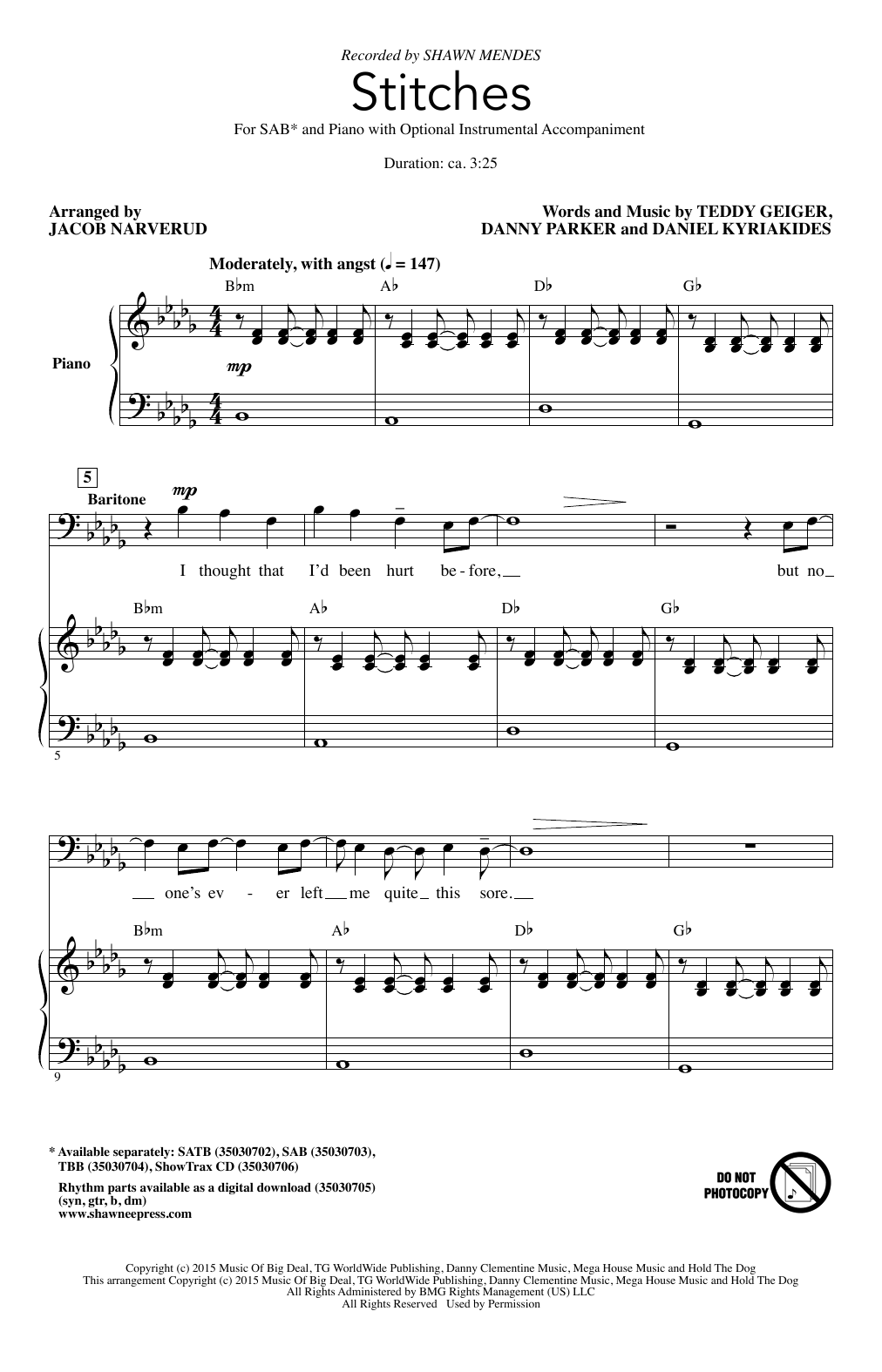 Shawn Mendes Stitches (arr. Jacob Narverud) Sheet Music Notes & Chords for SAB - Download or Print PDF