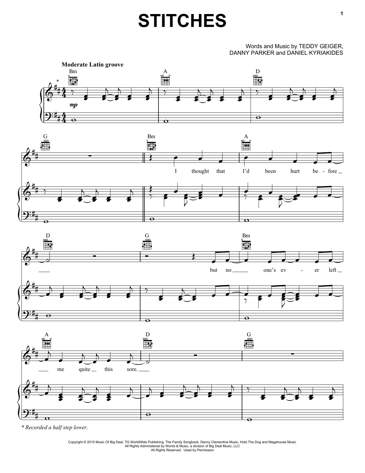 Shawn Mendes Stitches Sheet Music Notes & Chords for Piano, Vocal & Guitar (Right-Hand Melody) - Download or Print PDF