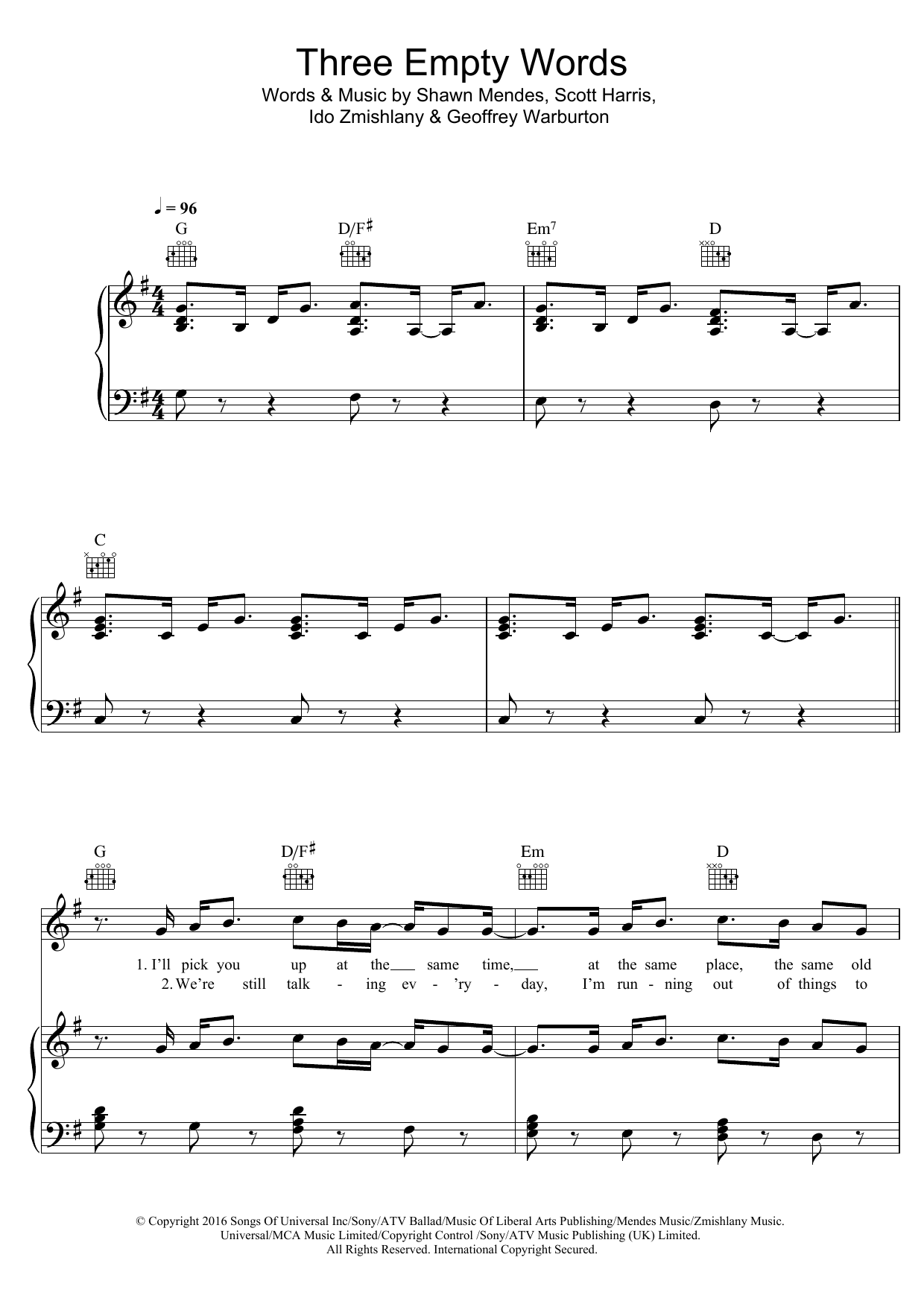Shawn Mendes Three Empty Words Sheet Music Notes & Chords for Piano, Vocal & Guitar (Right-Hand Melody) - Download or Print PDF