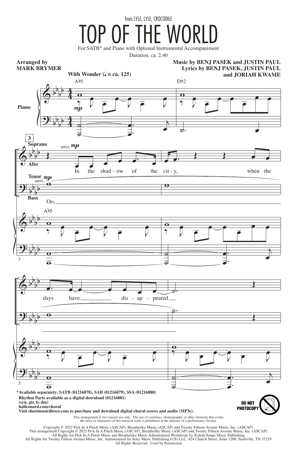 Shawn Mendes Top Of The World (from Lyle, Lyle, Crocodile) (arr. Mark Brymer) Sheet Music Notes & Chords for SSA Choir - Download or Print PDF