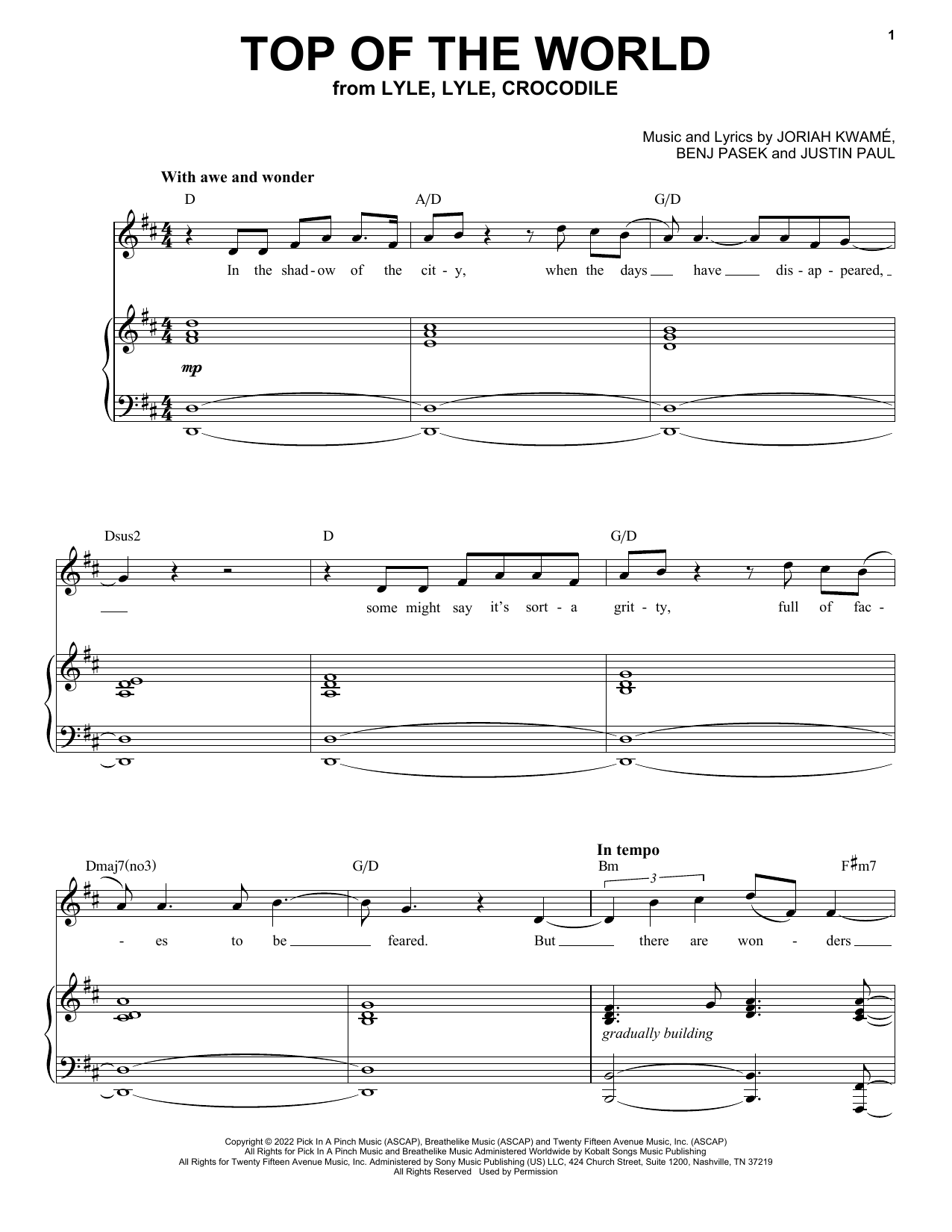 Shawn Mendes Top Of The World (from Lyle, Lyle, Crocodile) Sheet Music Notes & Chords for Piano, Vocal & Guitar Chords (Right-Hand Melody) - Download or Print PDF