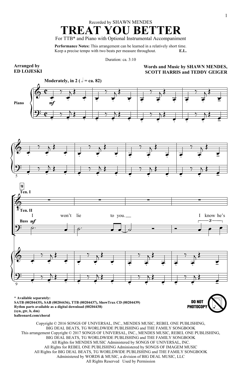 Shawn Mendes Treat You Better (arr. Ed Lojeski) Sheet Music Notes & Chords for TTBB - Download or Print PDF