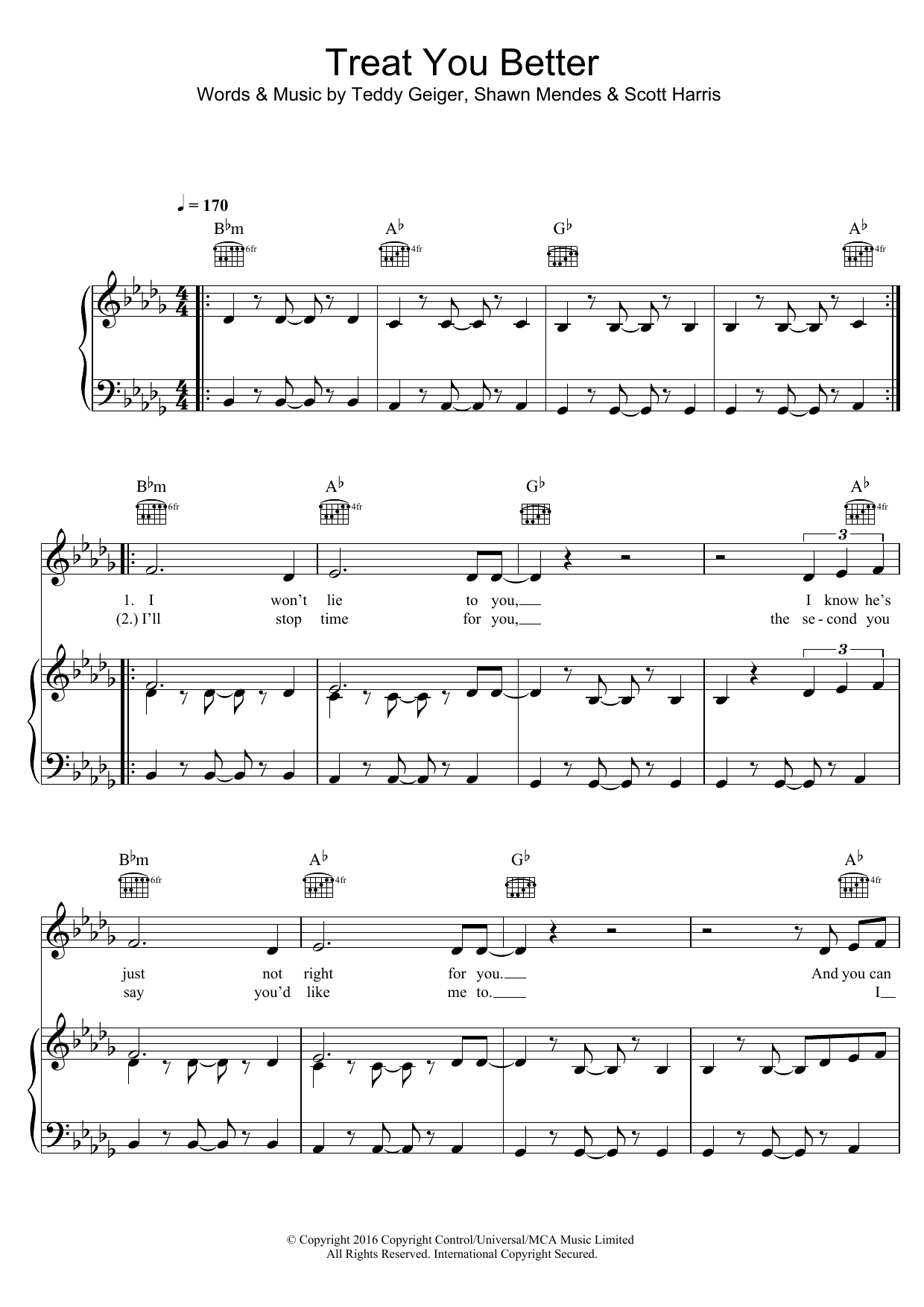 Shawn Mendes Treat You Better Sheet Music Notes & Chords for Piano (Big Notes) - Download or Print PDF