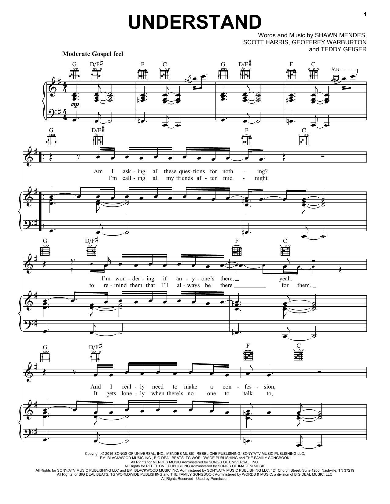 Shawn Mendes Understand Sheet Music Notes & Chords for Piano, Vocal & Guitar (Right-Hand Melody) - Download or Print PDF